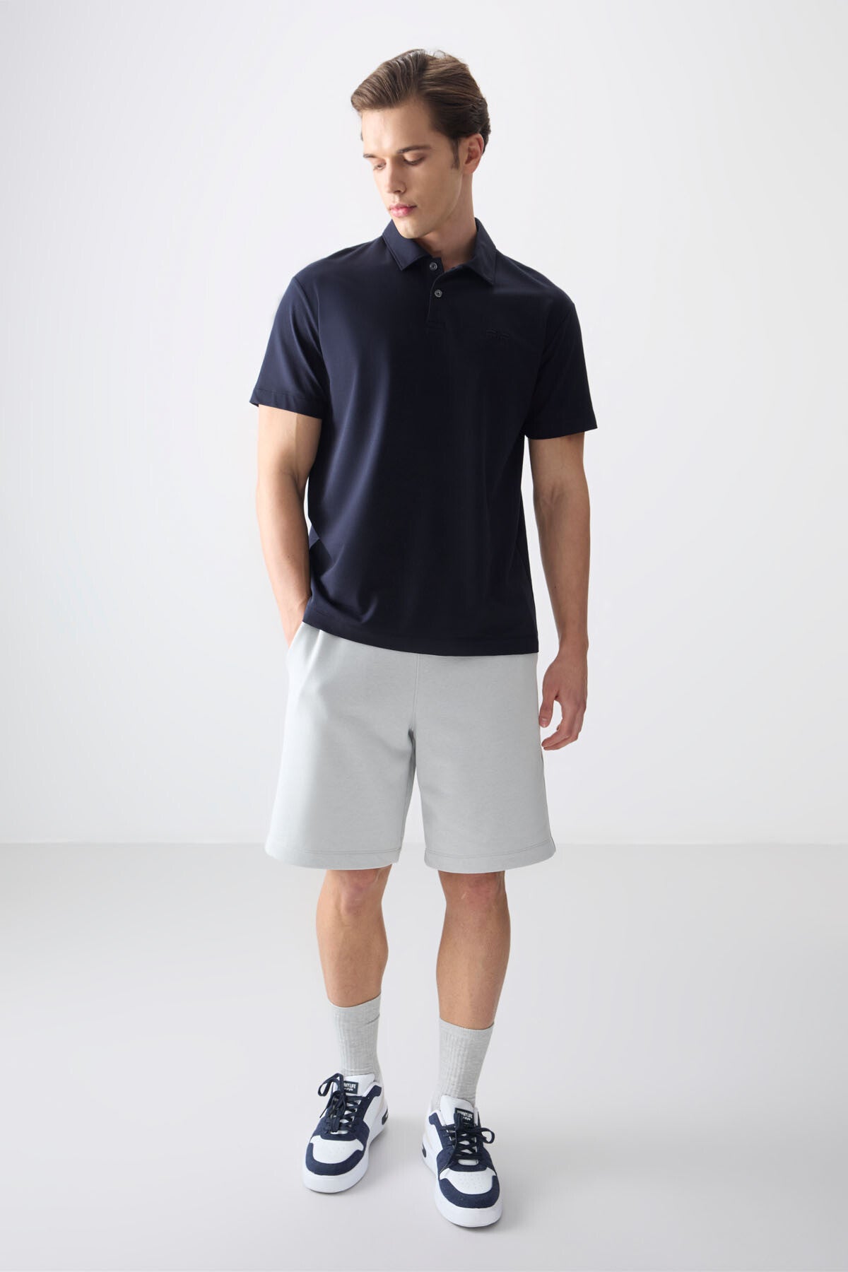 Image of Lacivert Pamuklu Kalın Yumuşak Dokulu Polo Yaka Oversize Fit Basic Erkek T- Shirt - 88381