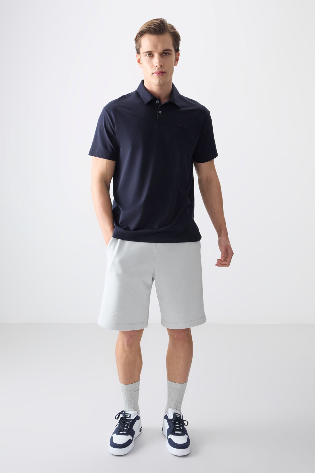 Image of Lacivert Pamuklu Kalın Yumuşak Dokulu Polo Yaka Oversize Fit Basic Erkek T- Shirt - 88381
