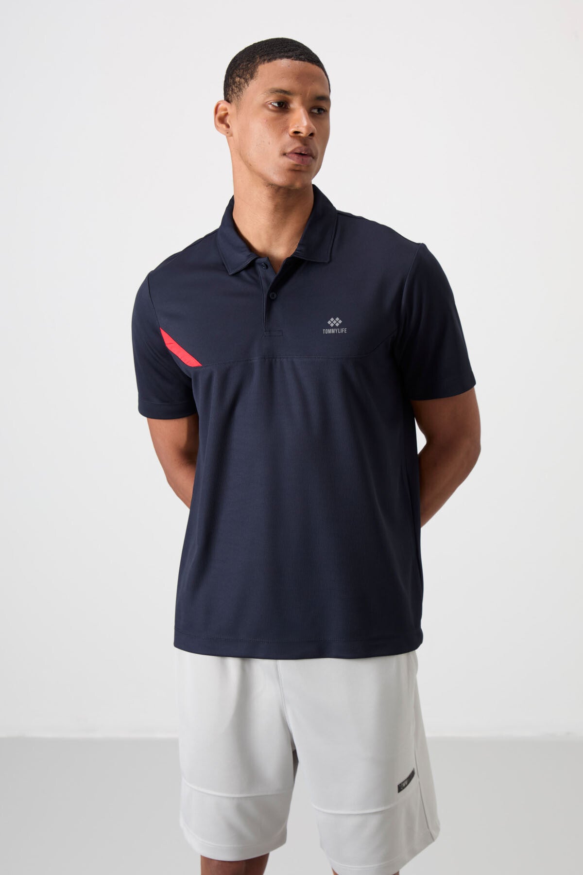Image of Tricou sport bărbătesc bleumarin, respirabil, texturat, subțire, flexibil, croială standard, cu guler polo - 88402