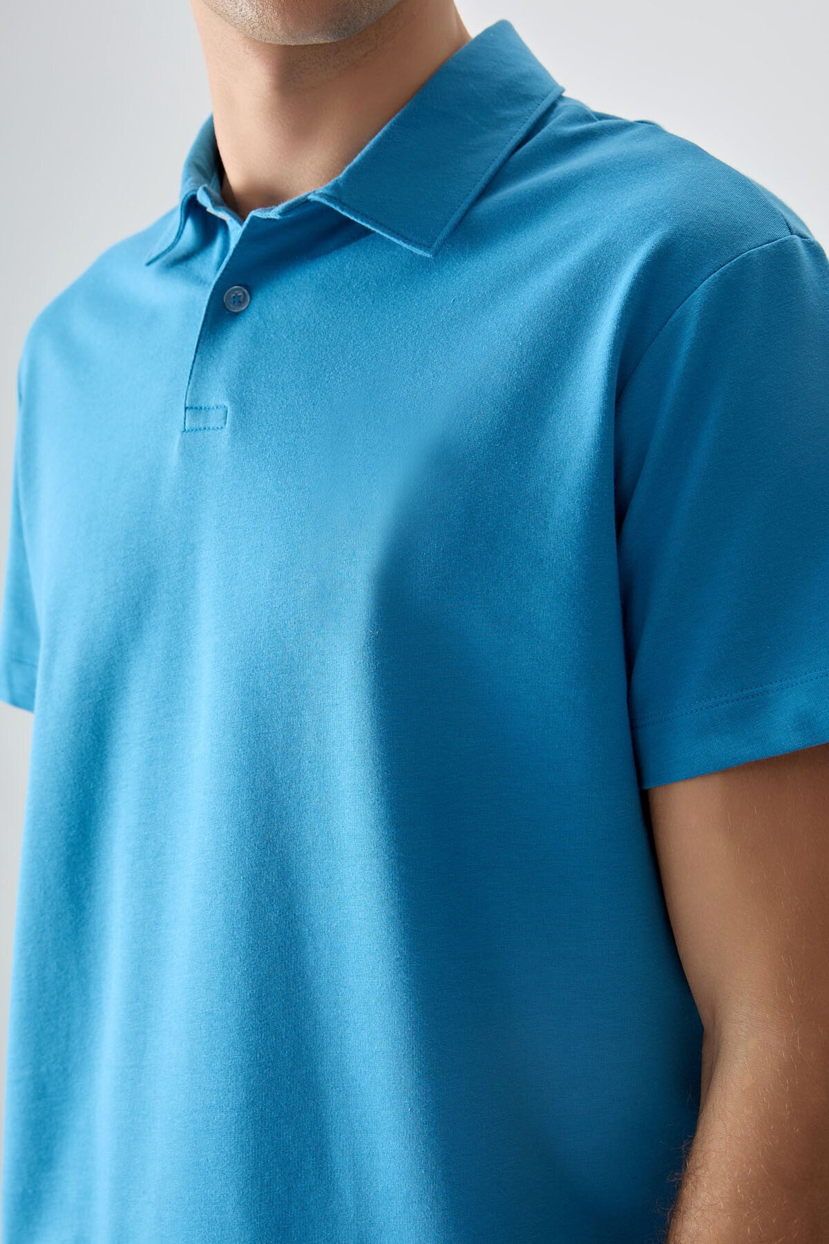 Image of Petrol Mavi Pamuklu Kalın Yumuşak Dokulu Polo Yaka Oversize Fit Basic Erkek T- Shirt - 88381