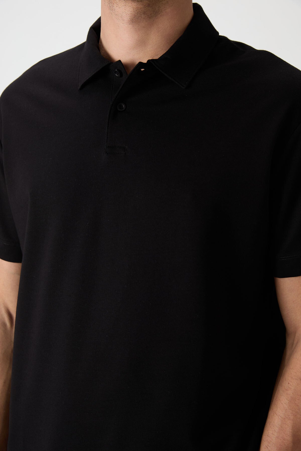 Image of Siyah Pamuklu Kalın Yumuşak Dokulu Polo Yaka Oversize Fit Basic Erkek T- Shirt - 88381