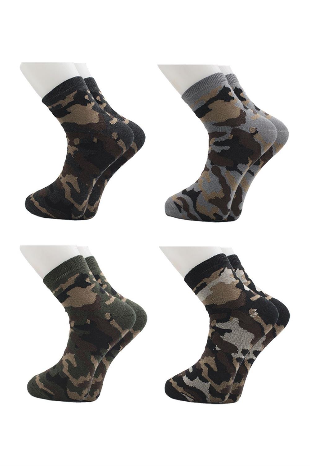 Image of Șosete bărbătești până la gleznă, model militar de camuflaj, bumbac, pachet de 4
