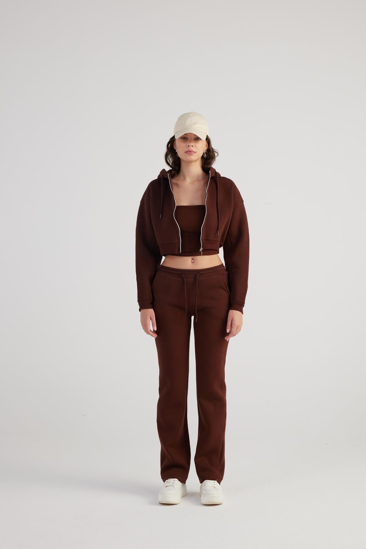 Image of Kadın Kahve Yüksek Bel Straight Kesim Şardonlu Mixed Eşofman Altı