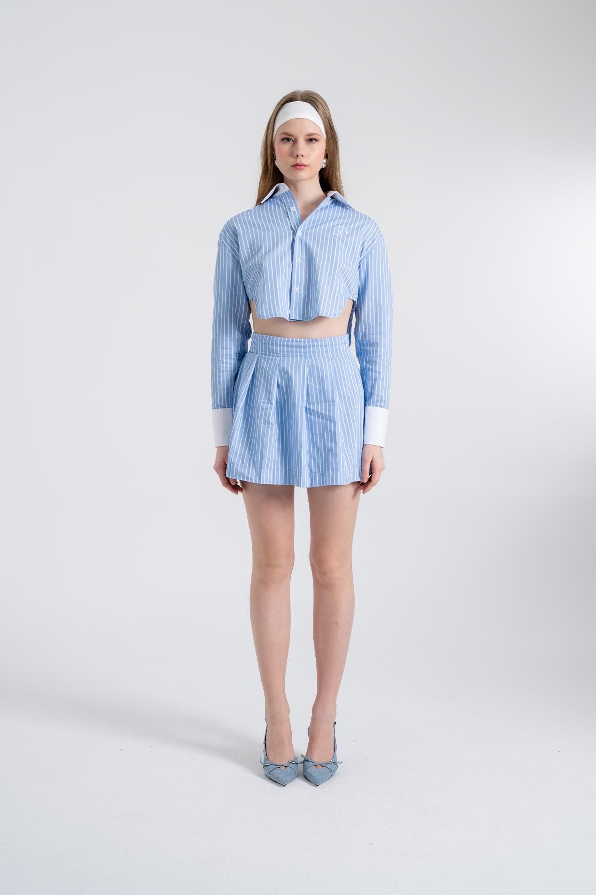 Image of Çizgili Pilili Mini Harmony Poplin Etek Mavi