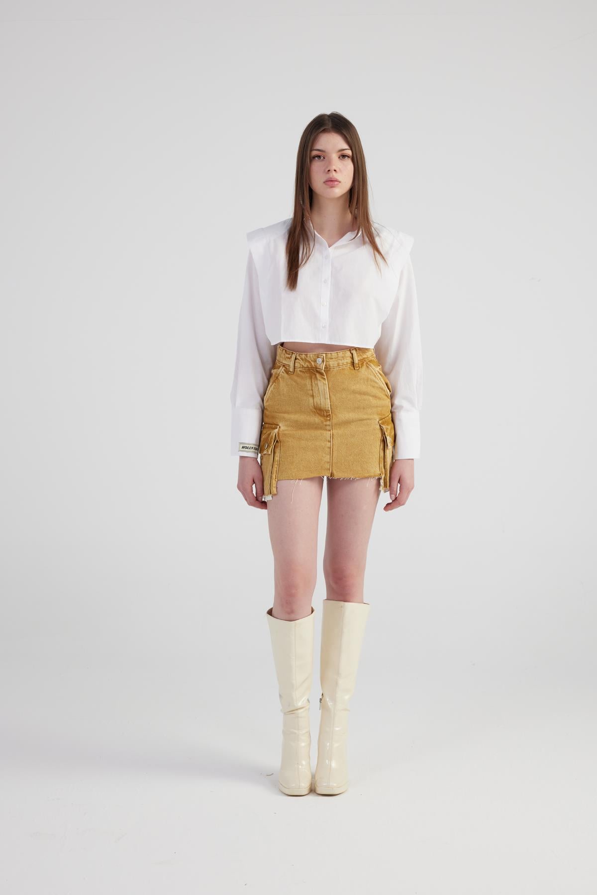 Image of Mermer Desenli Kargo Cep Detaylı Mini Rusted Jean Etek Camel