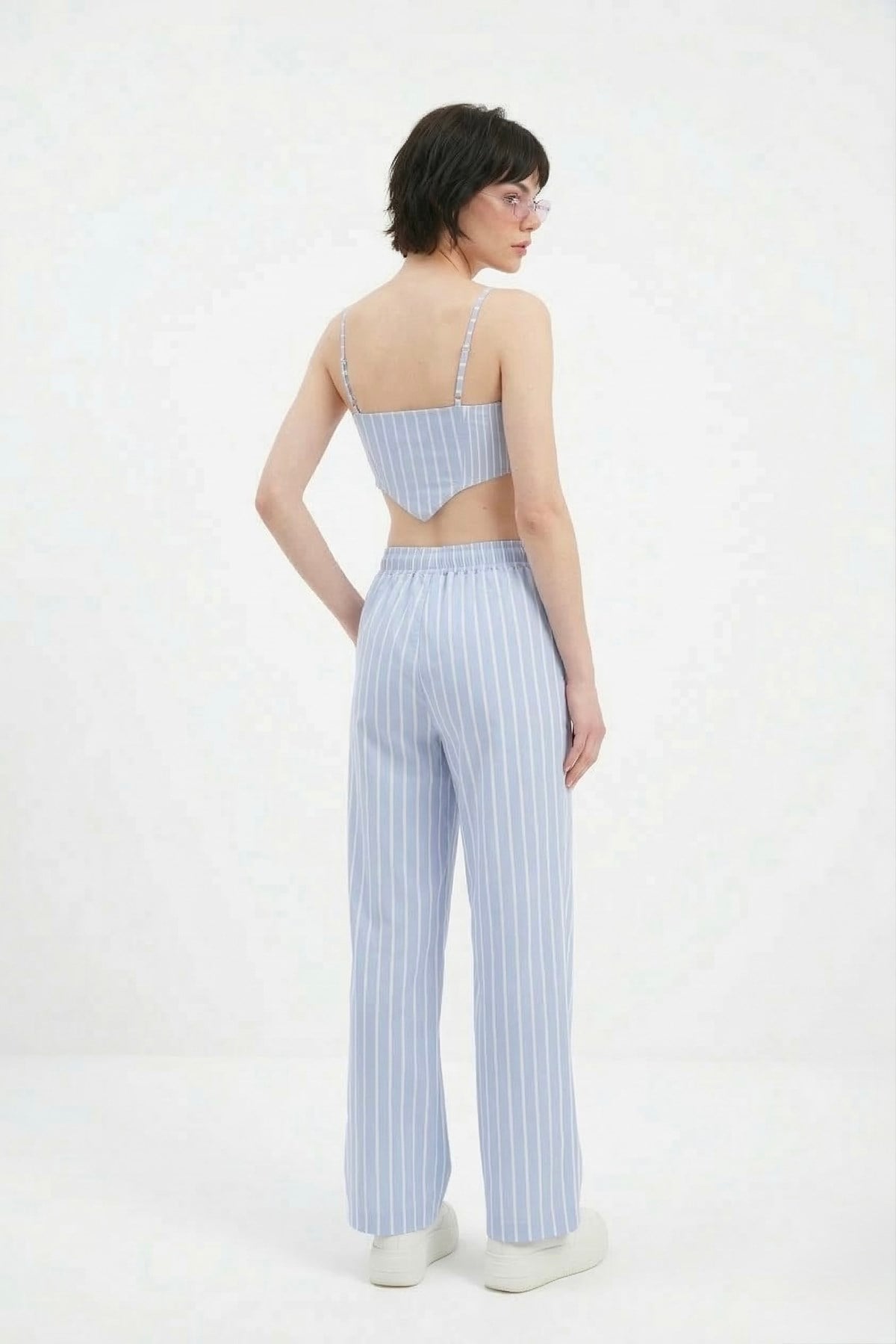 Image of Beli Lastikli Çizgili Harmony Poplin Pantolon Mavi
