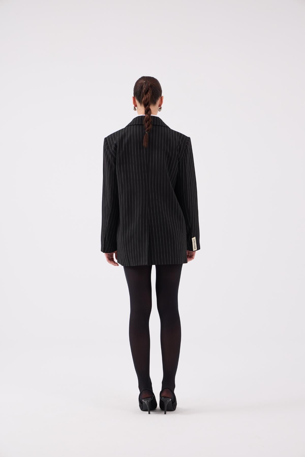 Image of Oversize Kesim Çizgili Strip Blazer Ceket Siyah