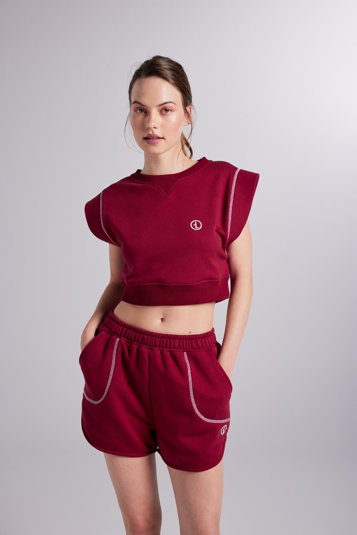 Image of Beli Lastikli Kontrast Dikişli Mini Rhode Şort Bordo