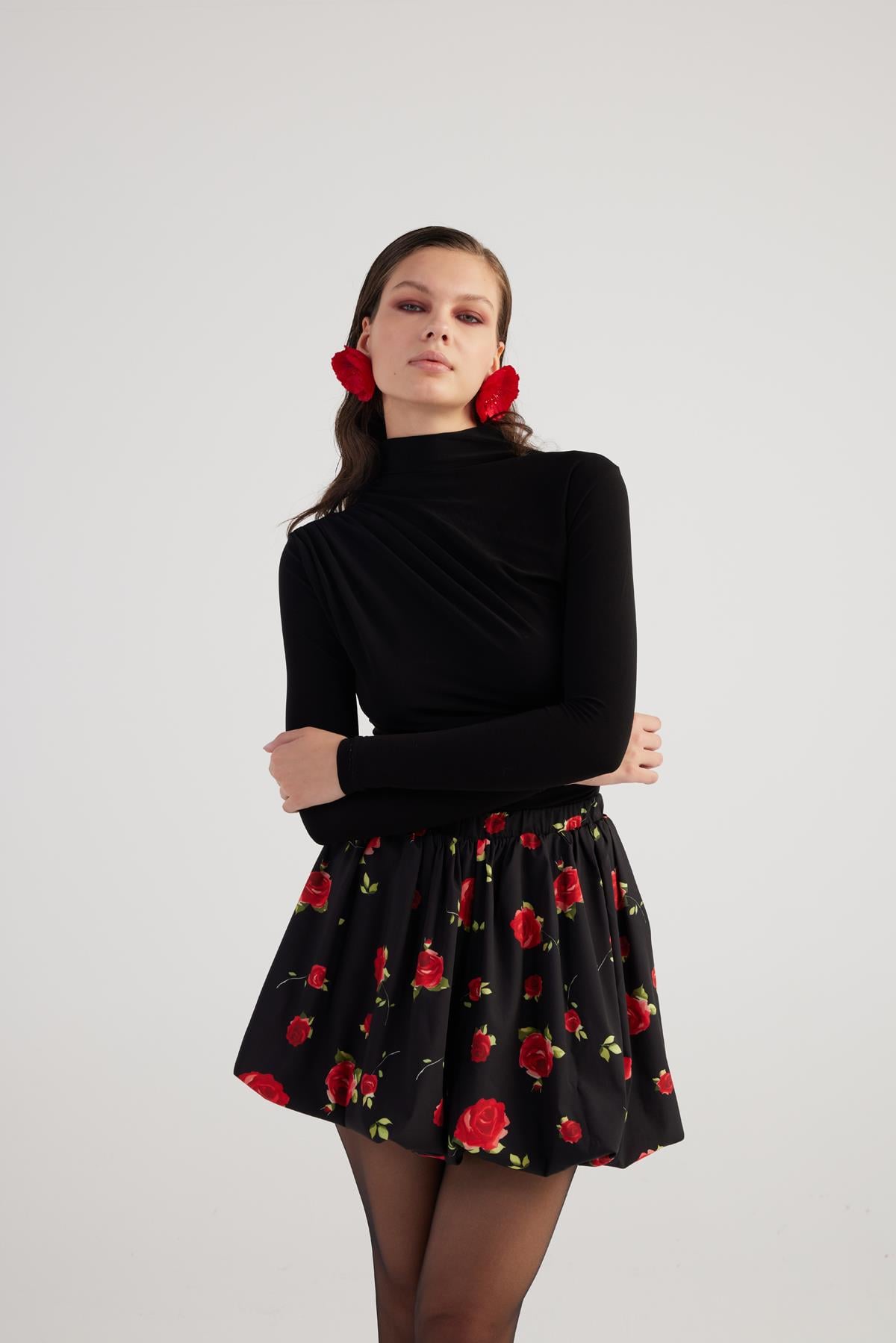 Image of Balon Model Gül Desenli Mini Donna Etek Siyah