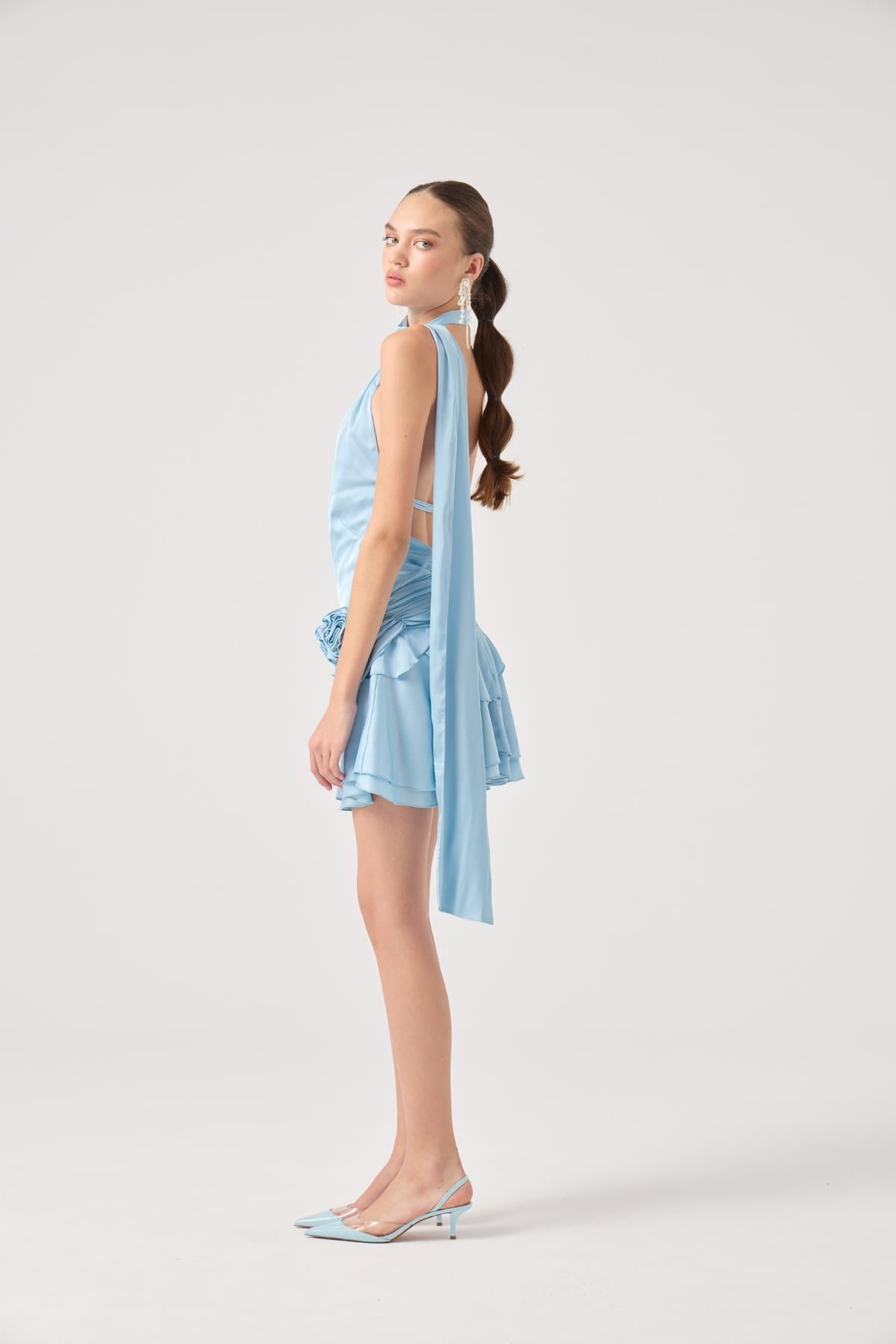 Image of Kemerli Mini Saten Giana Elbise Mavi