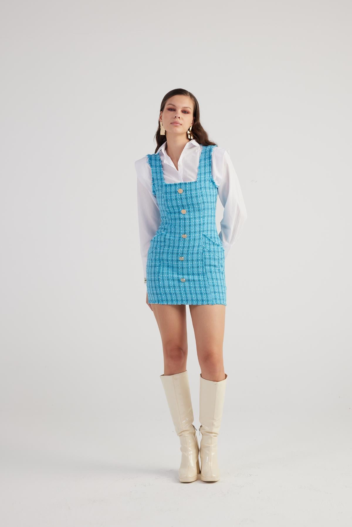 Image of Metal Düğme Detaylı Mini Tüvit Tweed Elbise Mavi