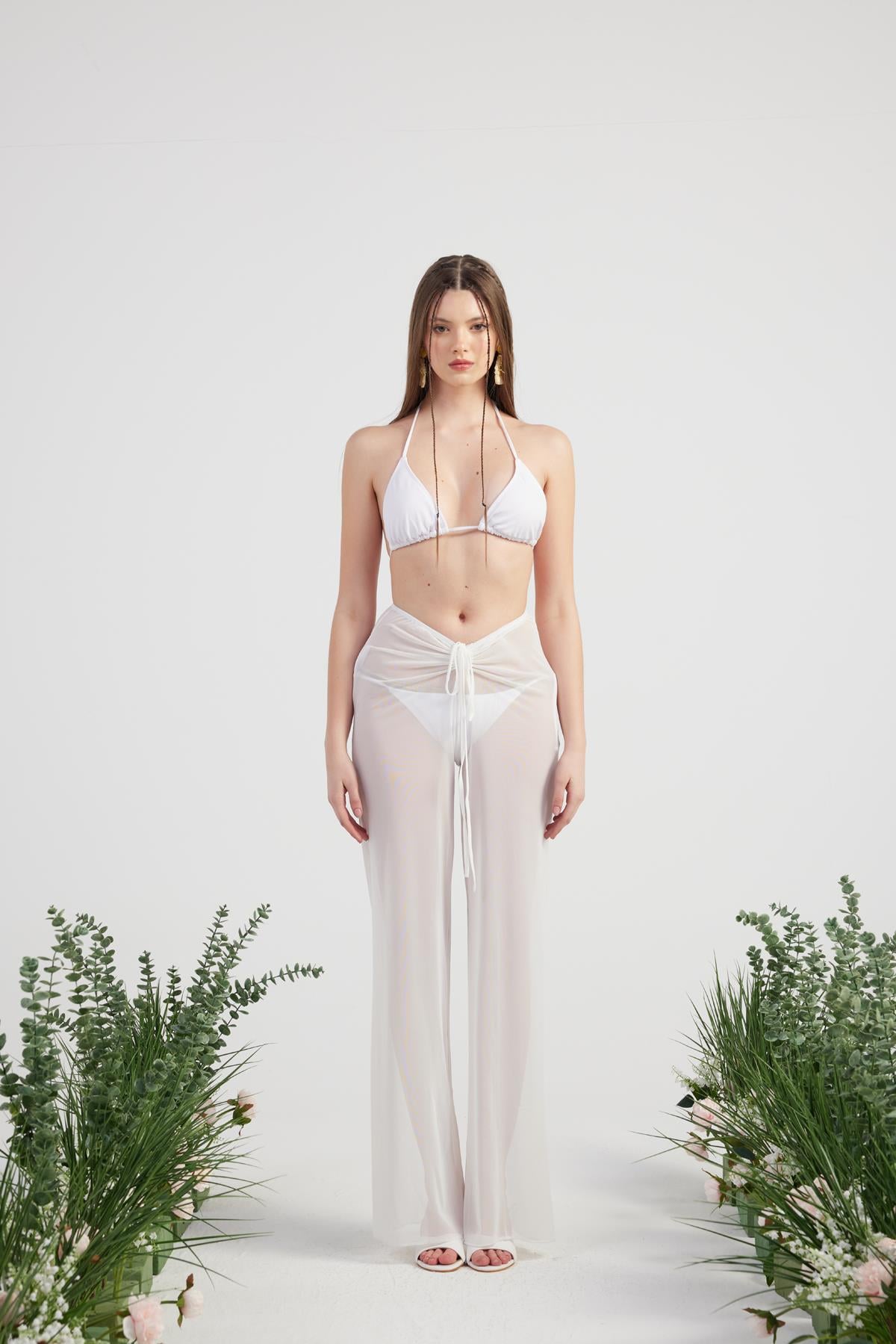 Image of Beli İp Detaylı Tül Pareo Shirred Pantolon Beyaz