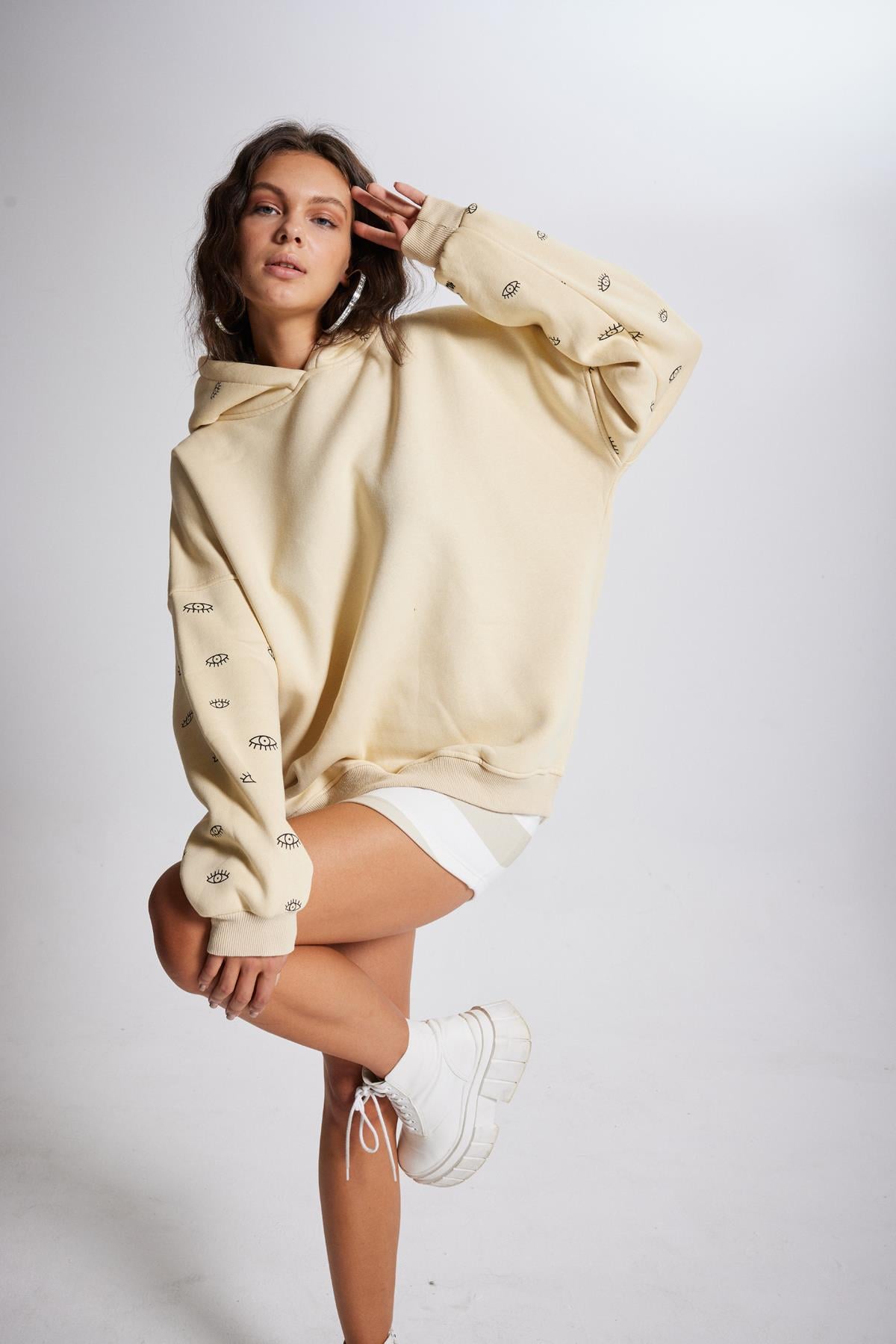 Image of Oversize Kapüşonlu Unisex Eye Sweat Bej