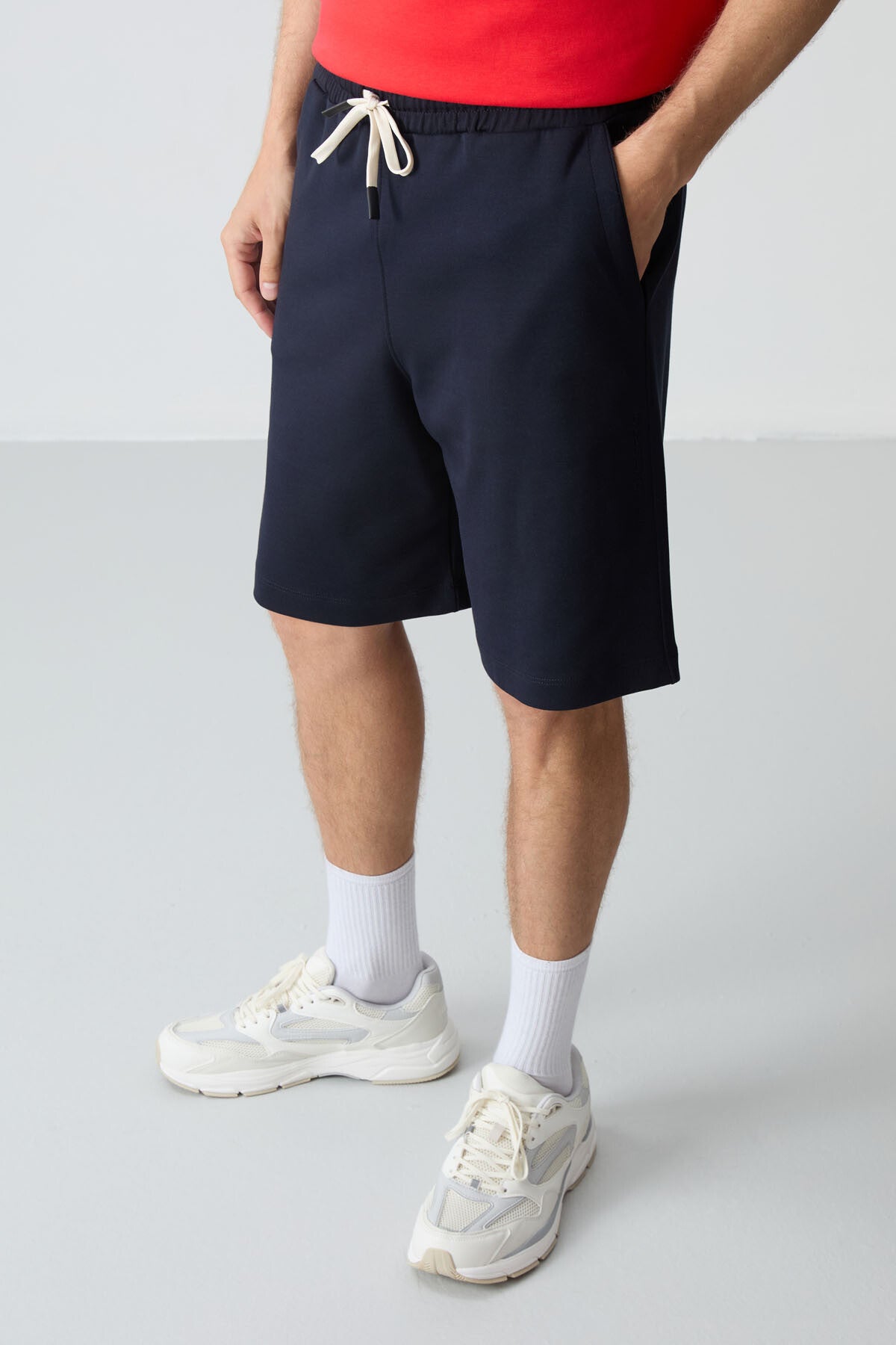 Image of Fiesta Lacivert Pamuklu Kalın Yumuşak Dokulu Oversize Fit Basic Erkek Şort Takım - 85257