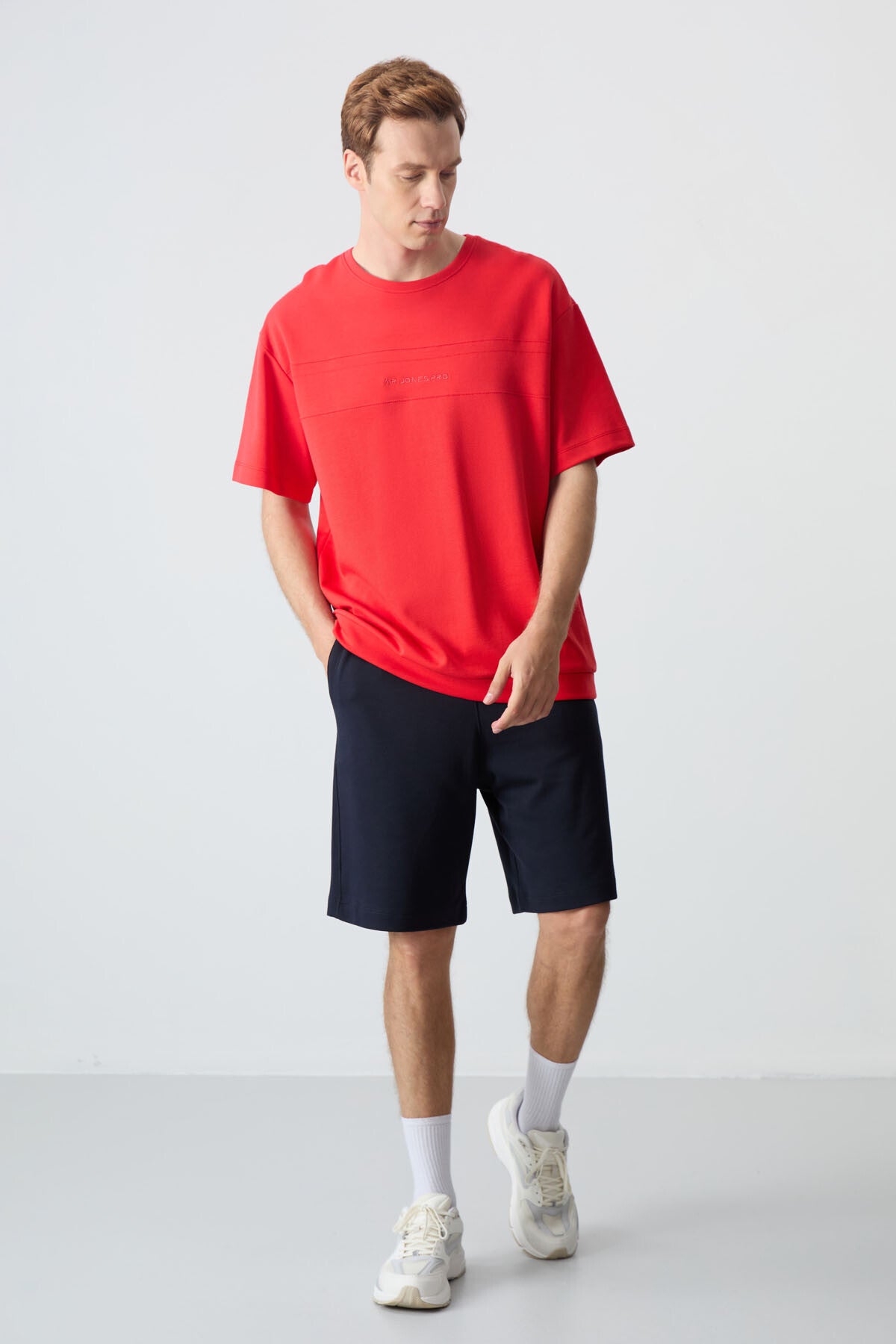 Image of Fiesta Lacivert Pamuklu Kalın Yumuşak Dokulu Oversize Fit Basic Erkek Şort Takım - 85257