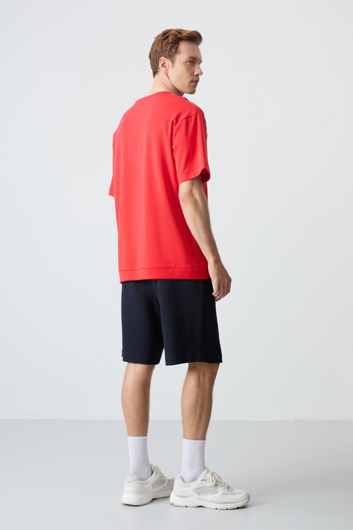 Image of Fiesta Lacivert Pamuklu Kalın Yumuşak Dokulu Oversize Fit Basic Erkek Şort Takım - 85257