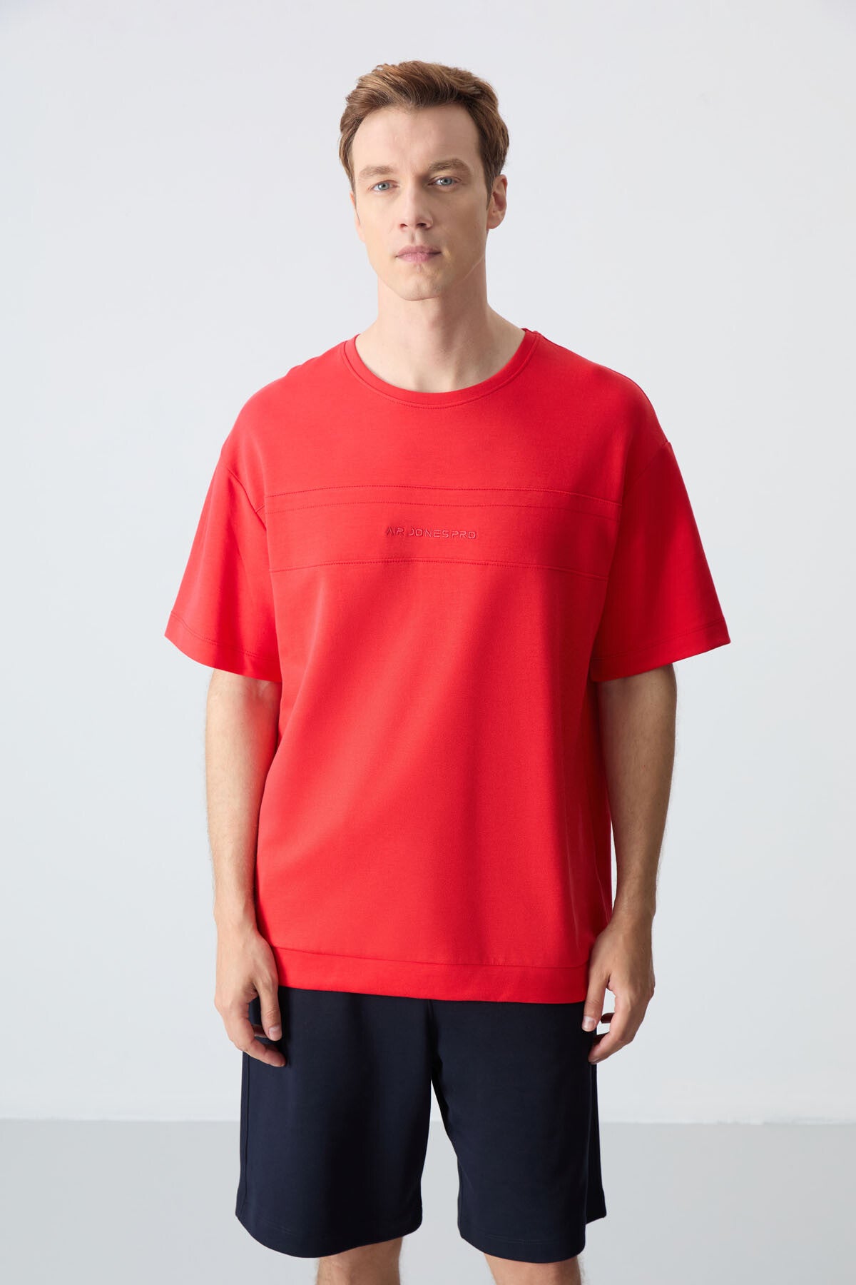 Image of Fiesta Lacivert Pamuklu Kalın Yumuşak Dokulu Oversize Fit Basic Erkek Şort Takım - 85257