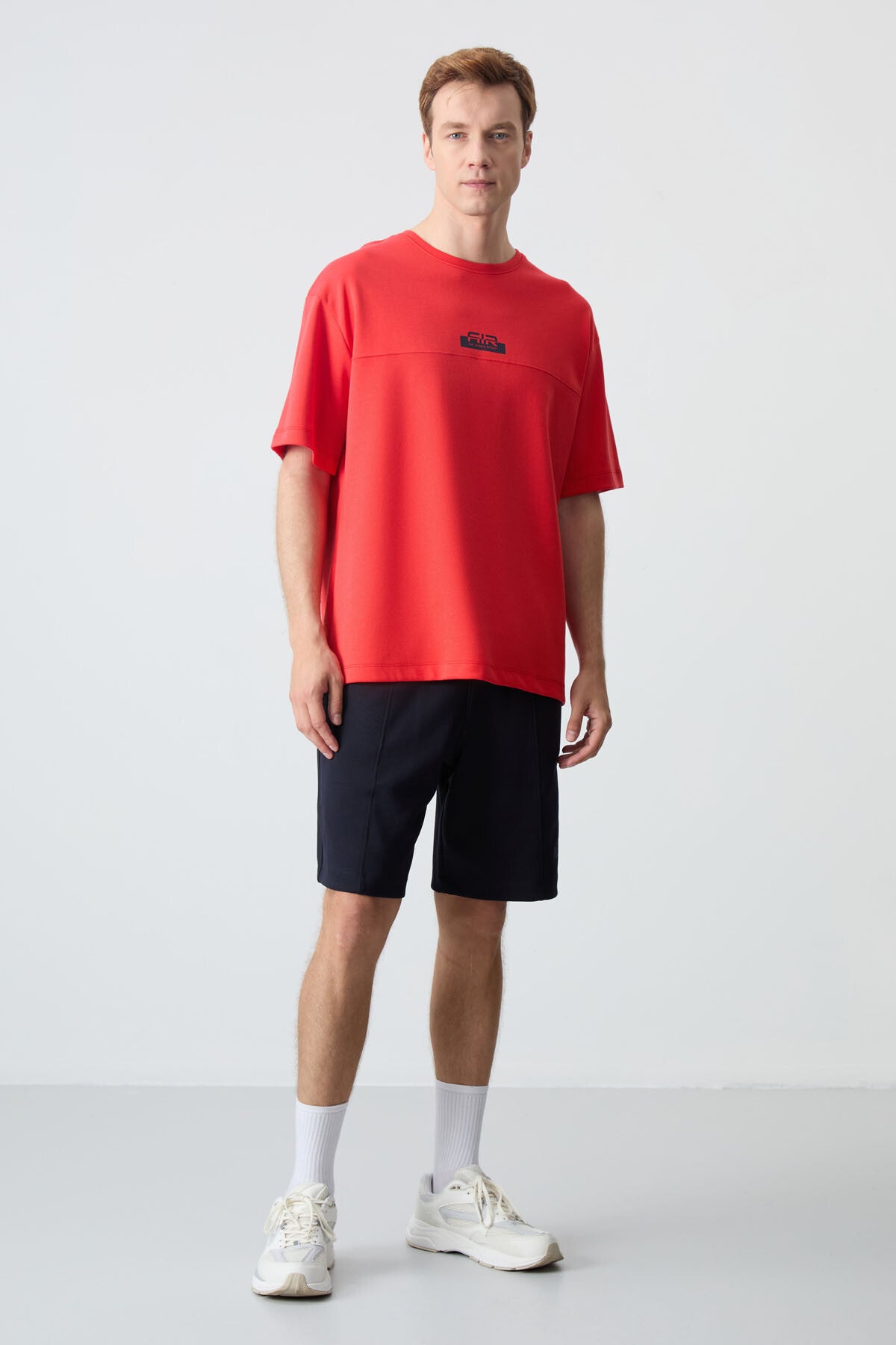 Image of Fiesta - Lacivert Pamuklu Kalın Yumuşak Dokulu Oversize Fit Basic Erkek Şort Takım - 85259