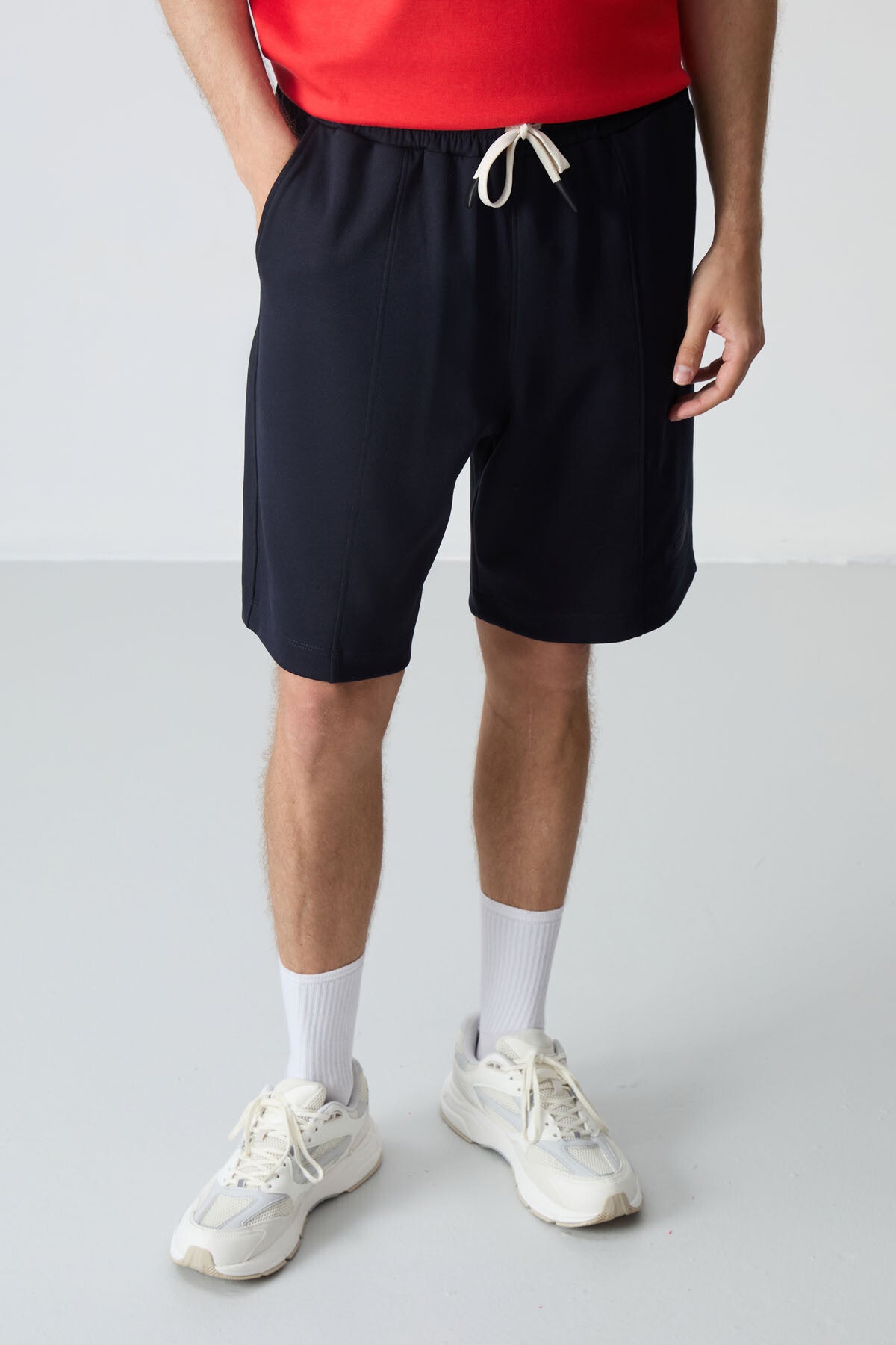 Image of Fiesta - Lacivert Pamuklu Kalın Yumuşak Dokulu Oversize Fit Basic Erkek Şort Takım - 85259