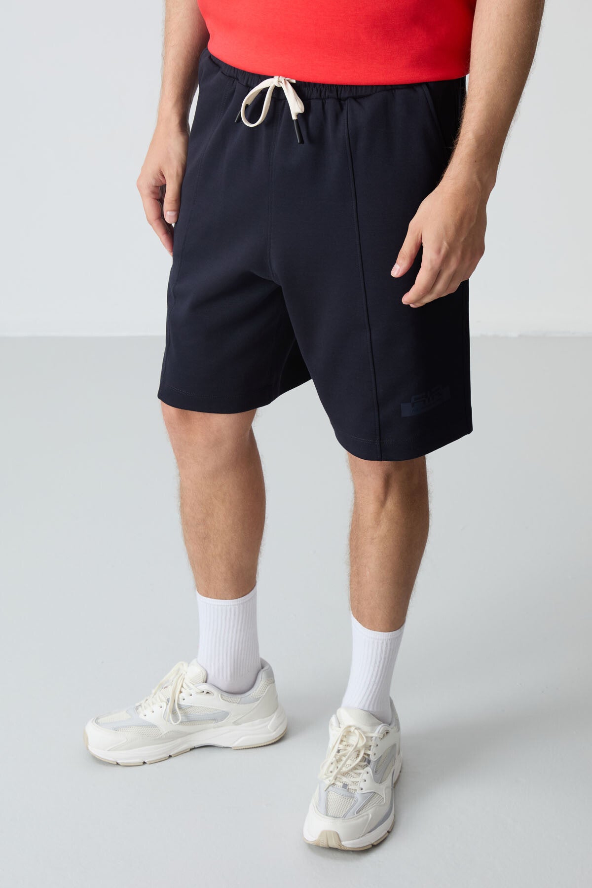 Image of Fiesta - Lacivert Pamuklu Kalın Yumuşak Dokulu Oversize Fit Basic Erkek Şort Takım - 85259
