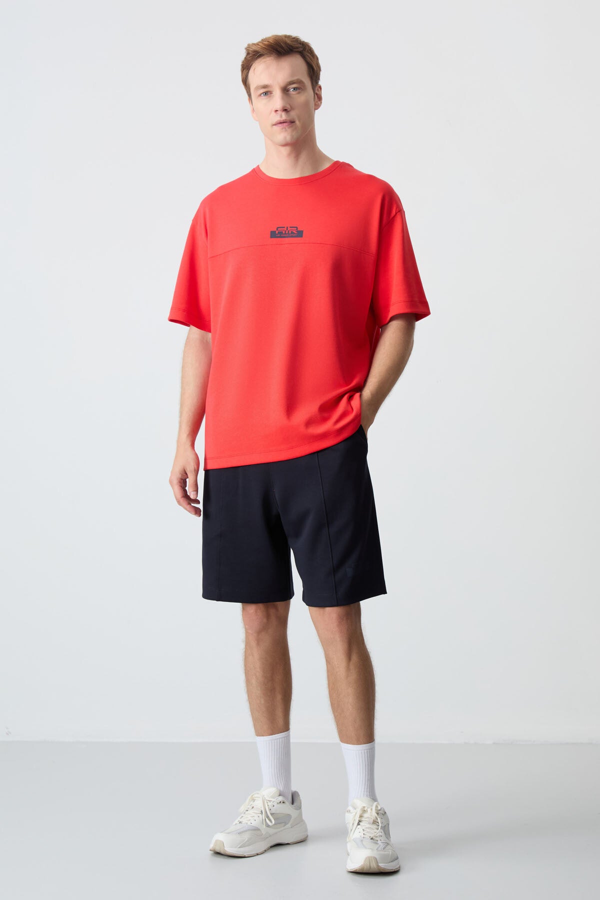 Image of Fiesta - Lacivert Pamuklu Kalın Yumuşak Dokulu Oversize Fit Basic Erkek Şort Takım - 85259