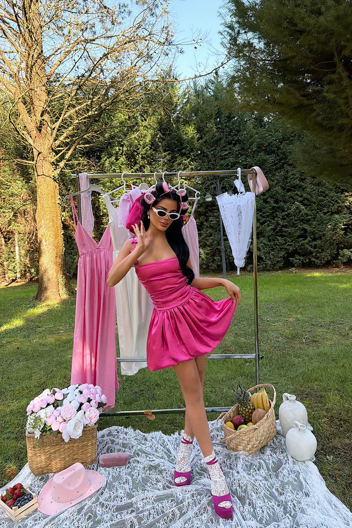 Image of Fuşya Cecilia Askısı Fiyonk Detaylı Mini Balon Elbise ATE-3338