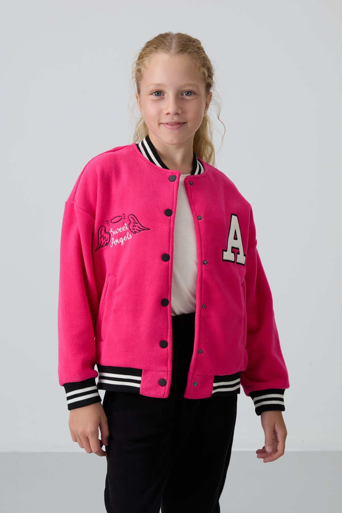 Image of Jachetă de student fuchsia, groasă și moale, texturată, croială standard, din fleece brodată, pentru fete - 75156
