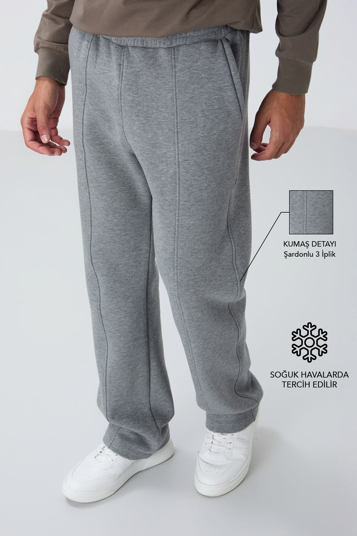 Image of Gri Melanj Pamuklu Kalın İçi Tüylü Yumuşak Dokulu Oversize Nakışlı Erkek Eşofman Altı -82146