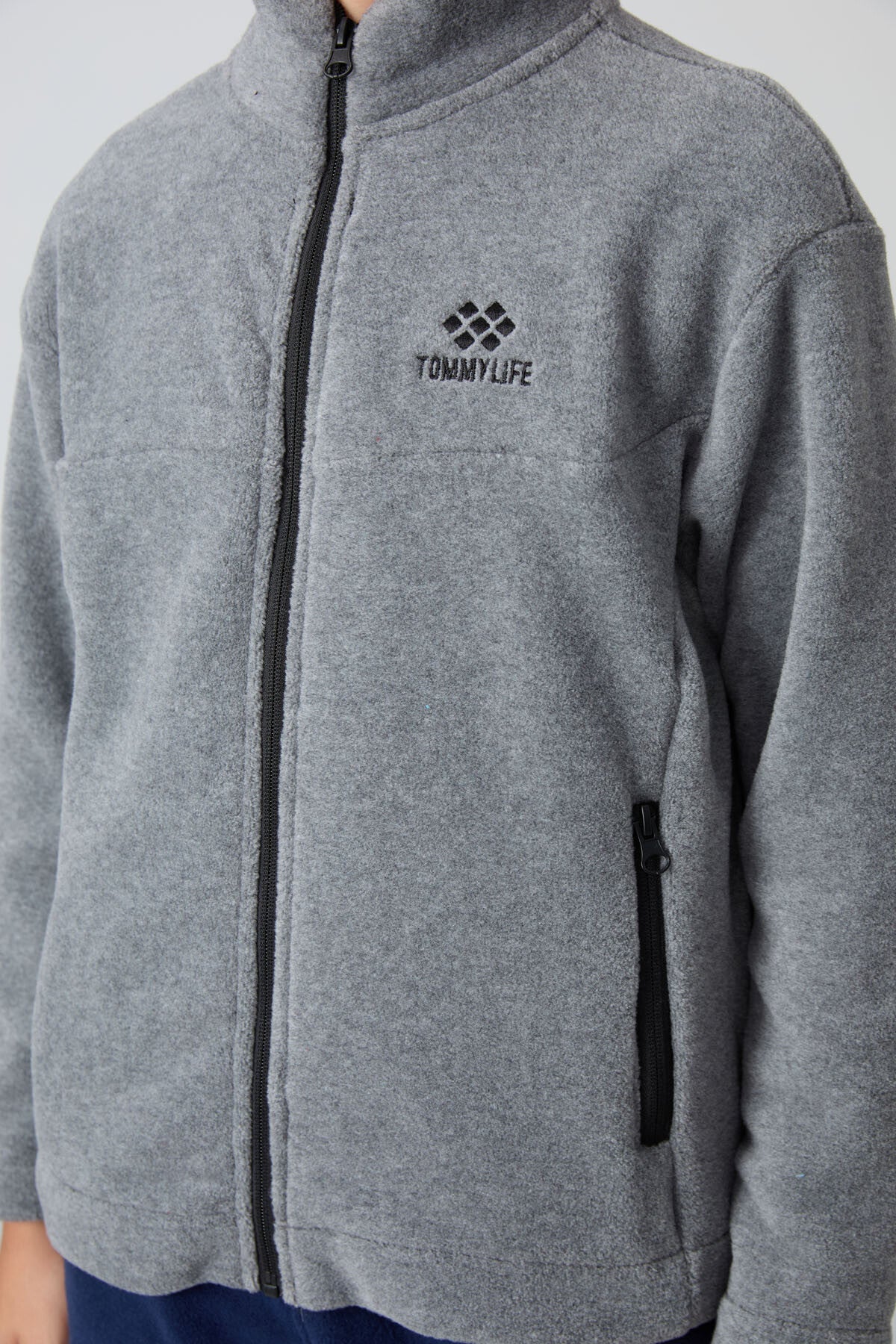 Image of Gri Melanj Kalın Yumuşak Dokulu Standart Fit Nakışlı Polar Erkek Çocuk Sweatshirt - 11223