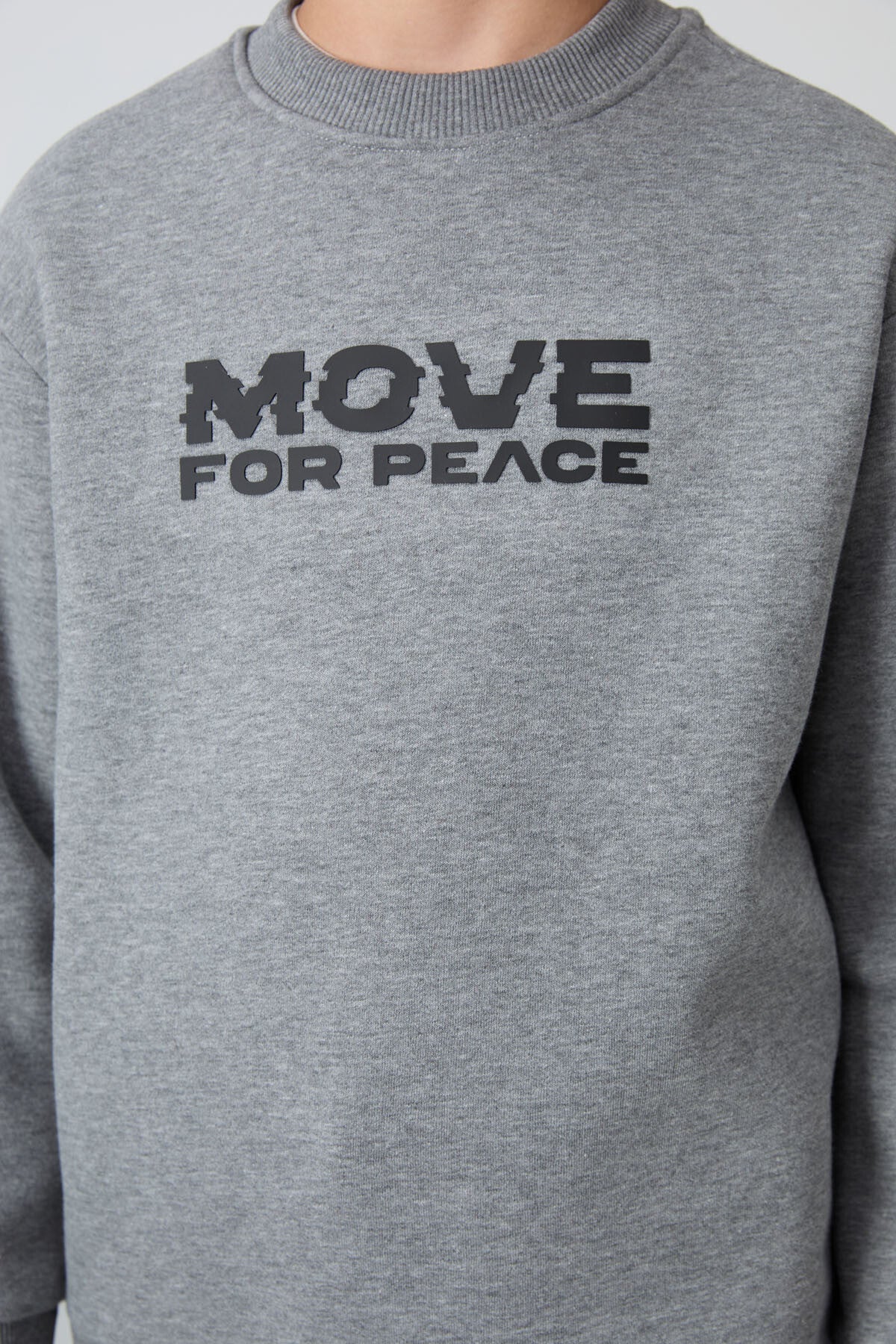 Image of Gri Melanj Pamuklu Kalın İçi Tüylü Standart Fit Baskılı Erkek Çocuk Sweatshirt - 11216