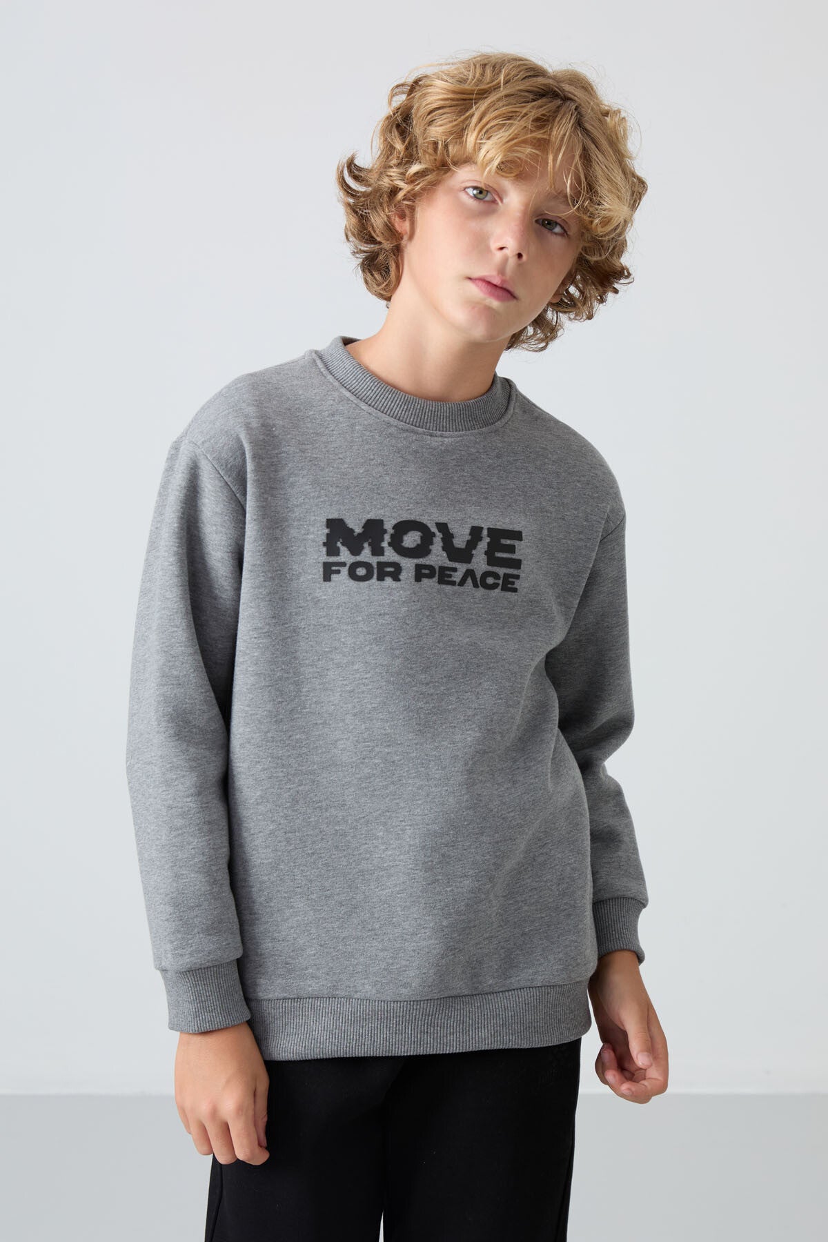 Image of Gri Melanj Pamuklu Kalın İçi Tüylü Standart Fit Baskılı Erkek Çocuk Sweatshirt - 11216