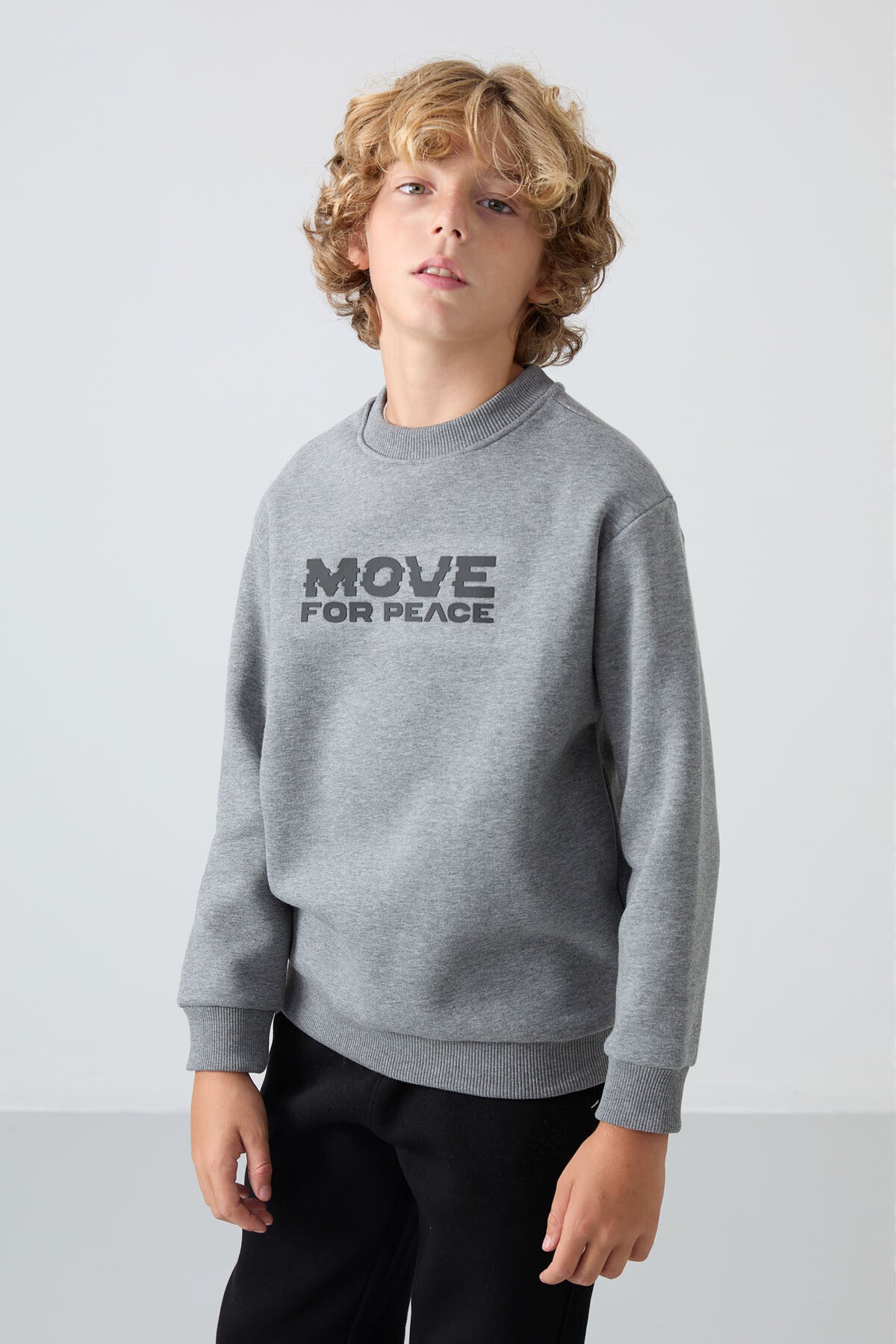 Image of Gri Melanj Pamuklu Kalın İçi Tüylü Standart Fit Baskılı Erkek Çocuk Sweatshirt - 11216