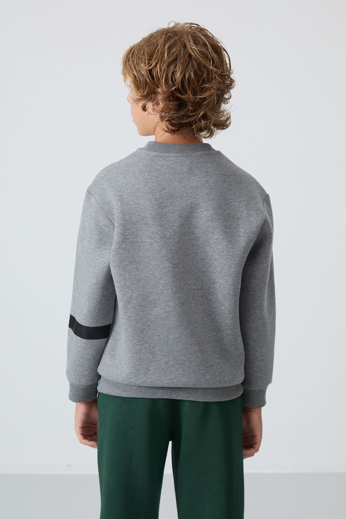 Image of Gri Melanj Pamuklu Kalın İçi Tüylü Standart Fit Baskılı Erkek Çocuk Sweatshirt - 11238
