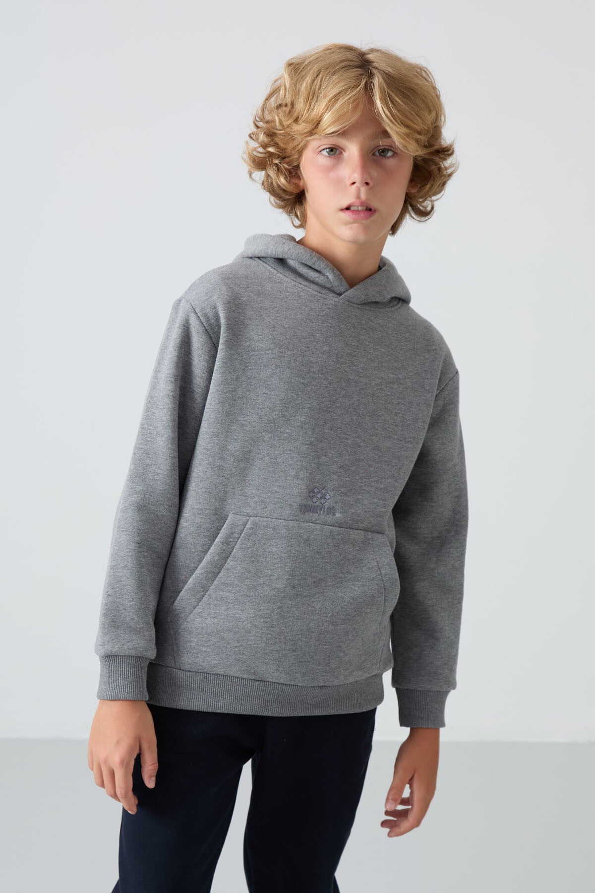Image of Gri Melanj Pamuklu Kalın İçi Tüylü Standart Fit Baskılı Erkek Çocuk Sweatshirt - 11215