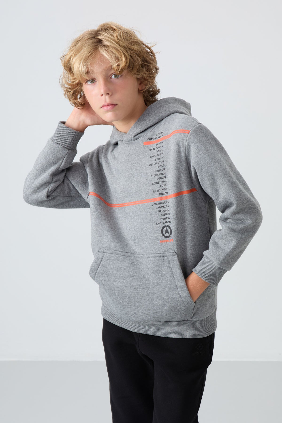 Image of Hanorac gri melanj din bumbac gros, căptușit cu fleece, croială standard, imprimat, pentru băieți - 11239