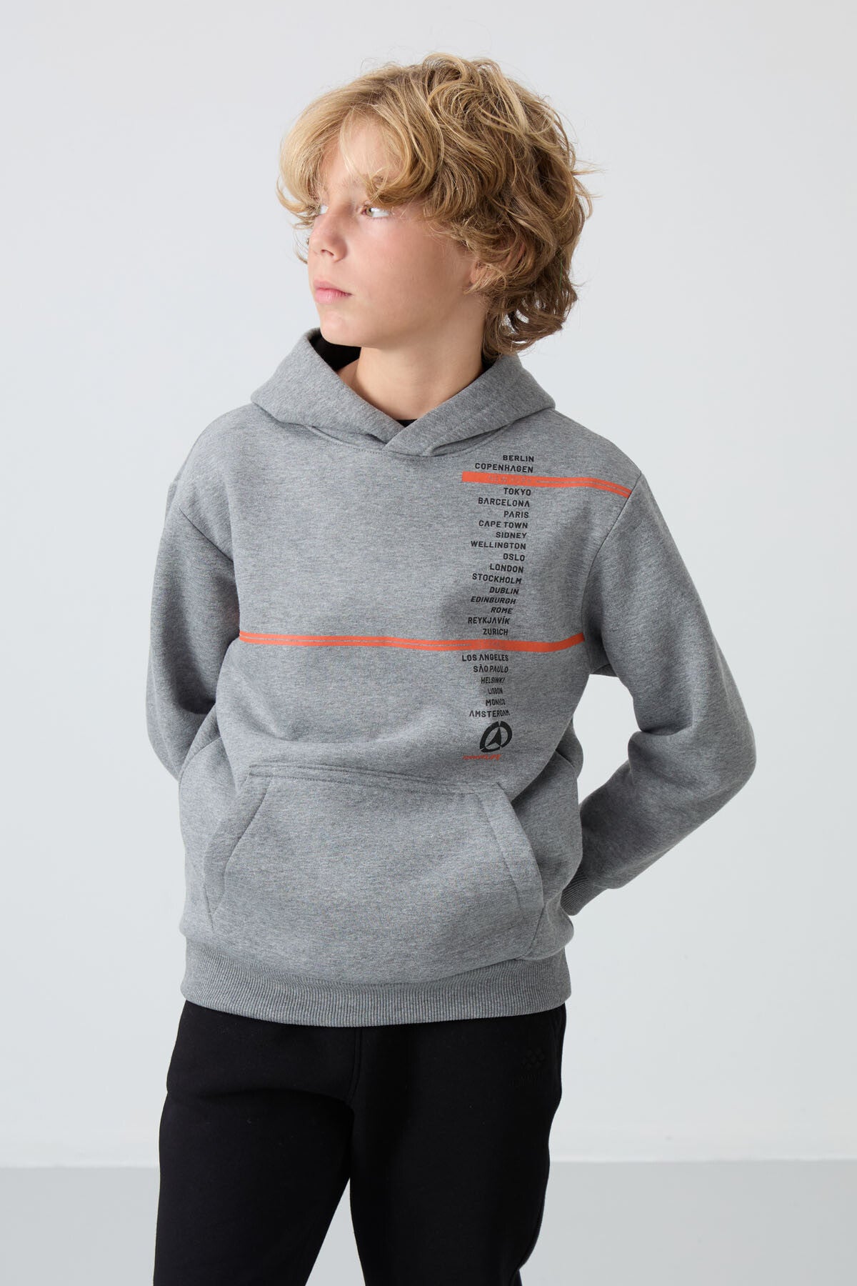 Image of Hanorac gri melanj din bumbac gros, căptușit cu fleece, croială standard, imprimat, pentru băieți - 11239
