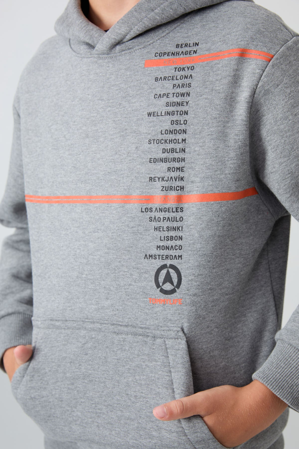 Image of Hanorac gri melanj din bumbac gros, căptușit cu fleece, croială standard, imprimat, pentru băieți - 11239