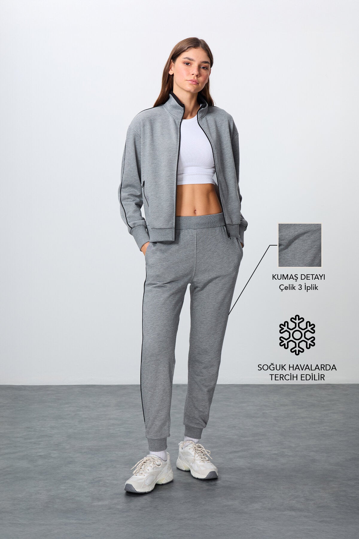 Image of Trening de damă gri melanj, din bumbac compact, gros, texturat, cu guler înalt, croială supradimensionată - 95340