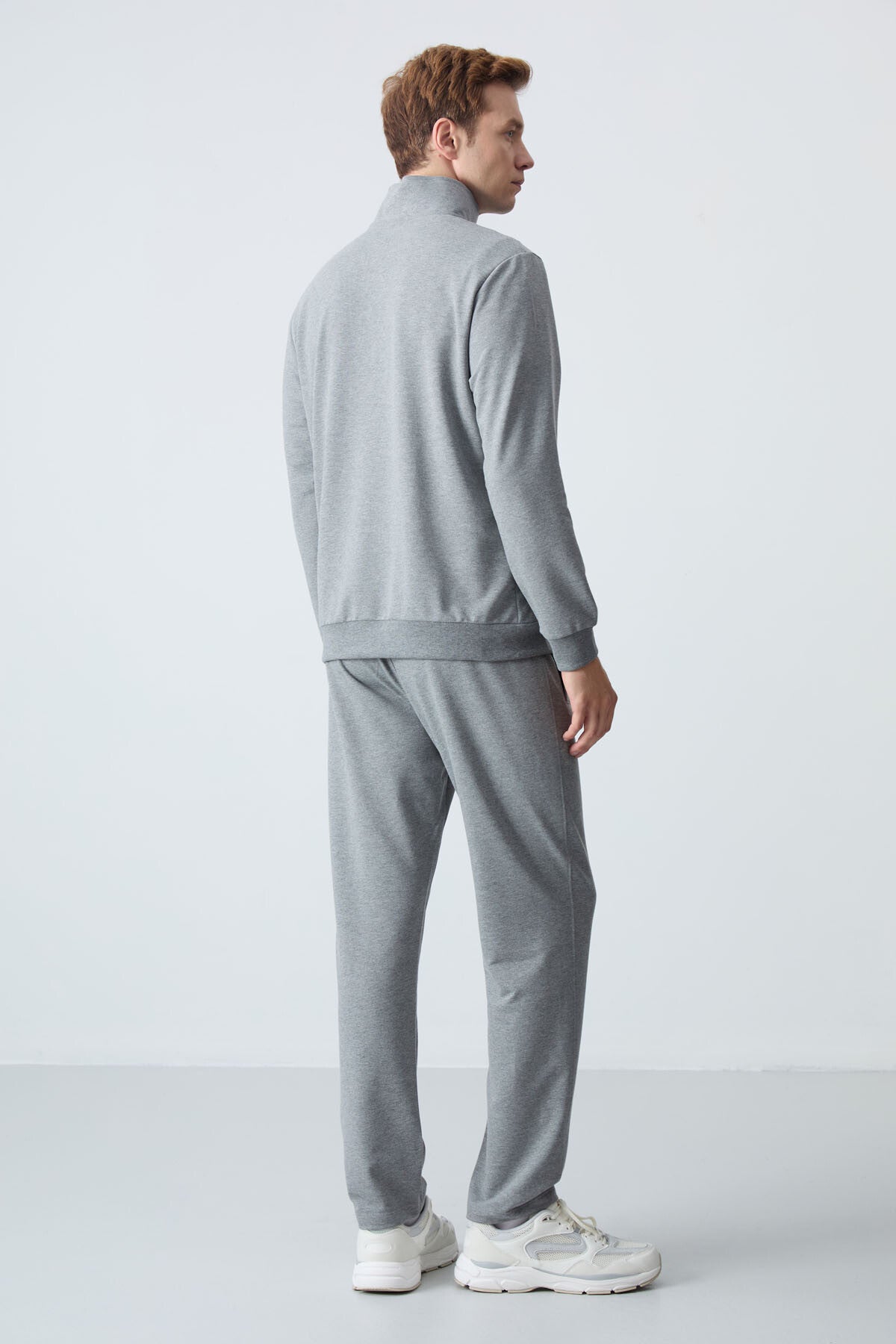 Image of Gri Melanj Pamuklu Kalın Yumuşak Dokulu Comfort Fit Basic Erkek Eşofman Takım - 85260