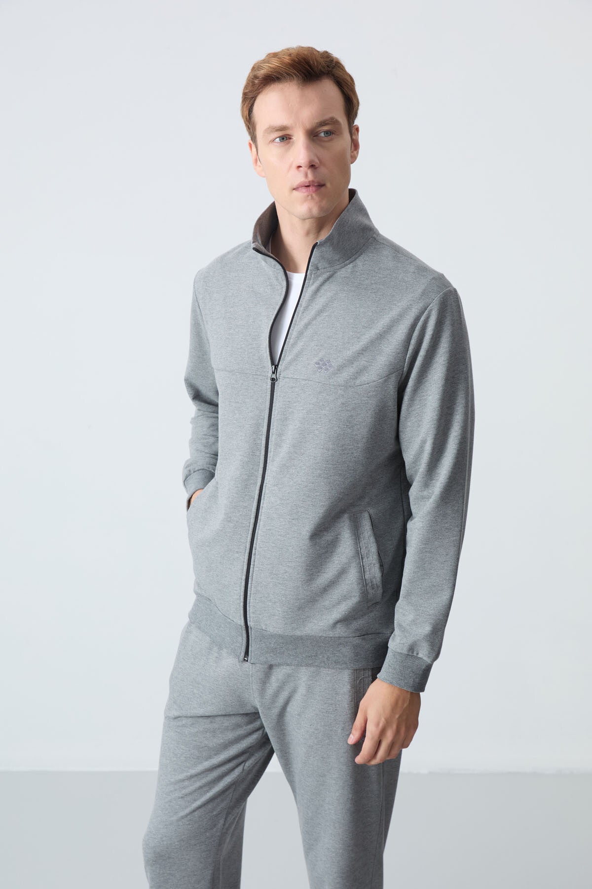 Image of Gri Melanj Pamuklu Kalın Yumuşak Dokulu Comfort Fit Basic Erkek Eşofman Takım - 85260