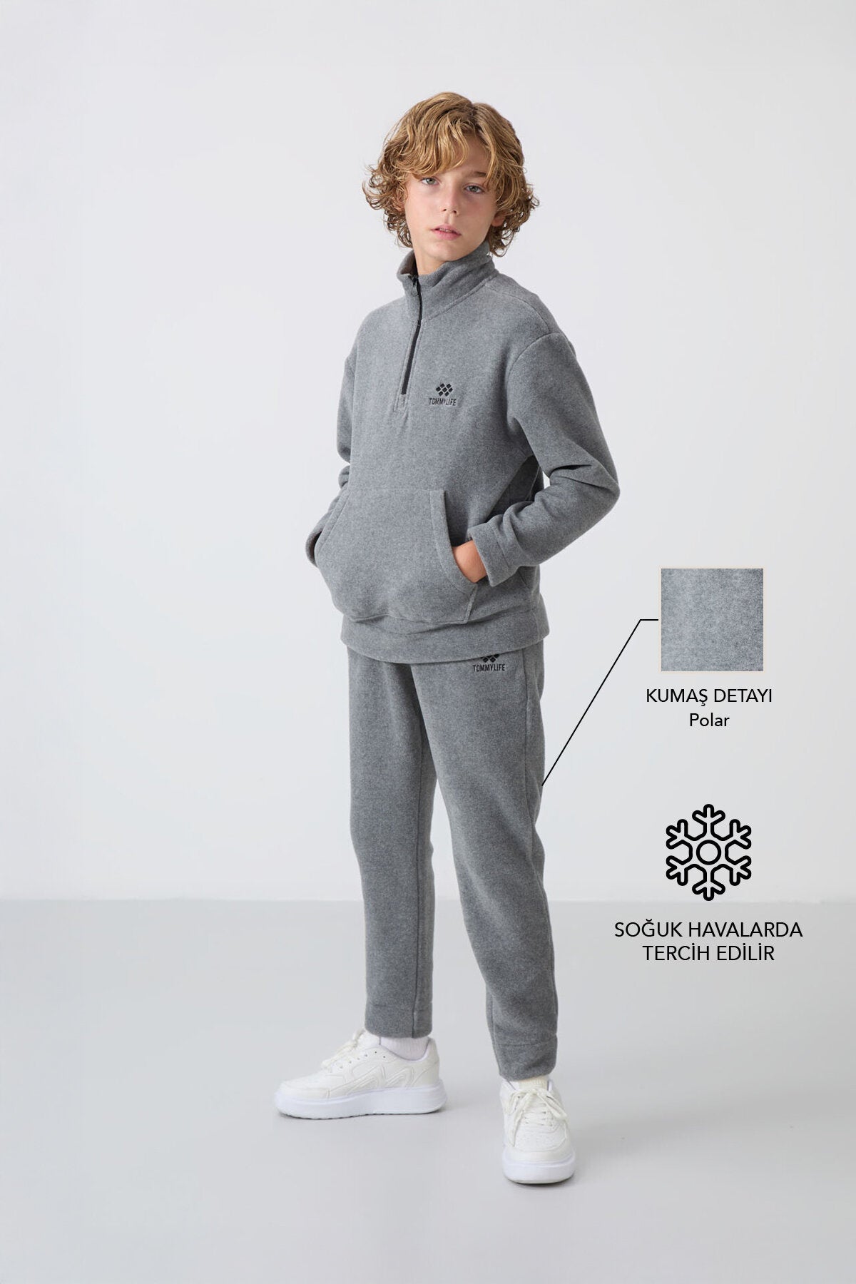 Image of Gri Melanj Kalın Yumuşak Dokulu Standart Fit Nakışlı Polar Erkek Çocuk Eşofman Takım - 11218