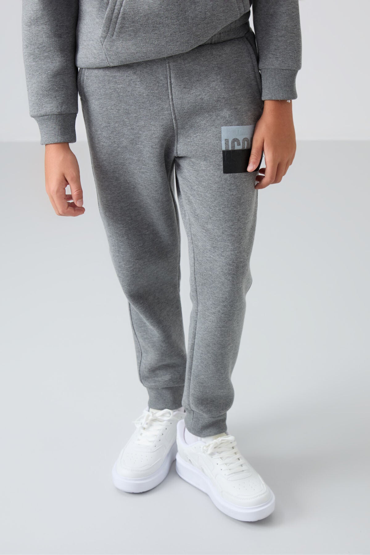 Image of Trening gri melanj din bumbac gros, căptușit cu fleece gros, croială standard, imprimat, pentru băieți - 11246