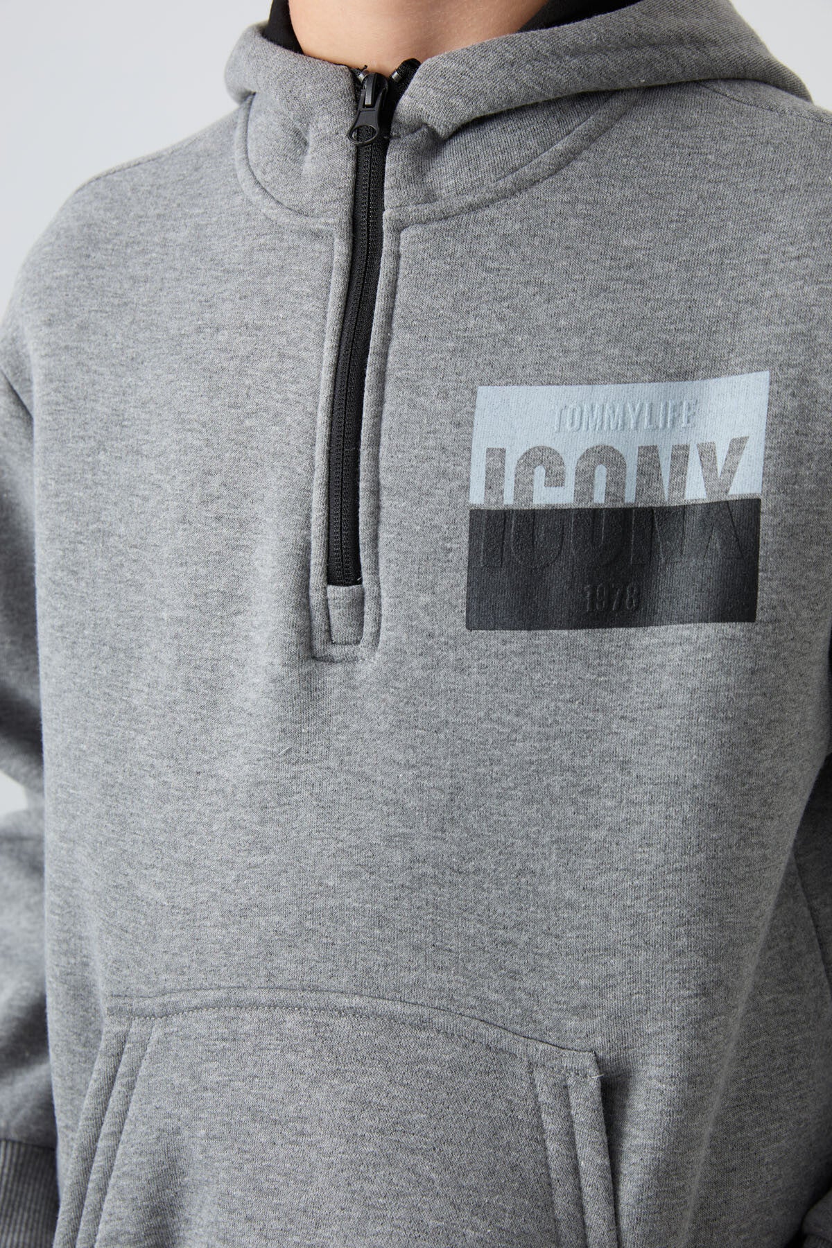 Image of Trening gri melanj din bumbac gros, căptușit cu fleece gros, croială standard, imprimat, pentru băieți - 11246