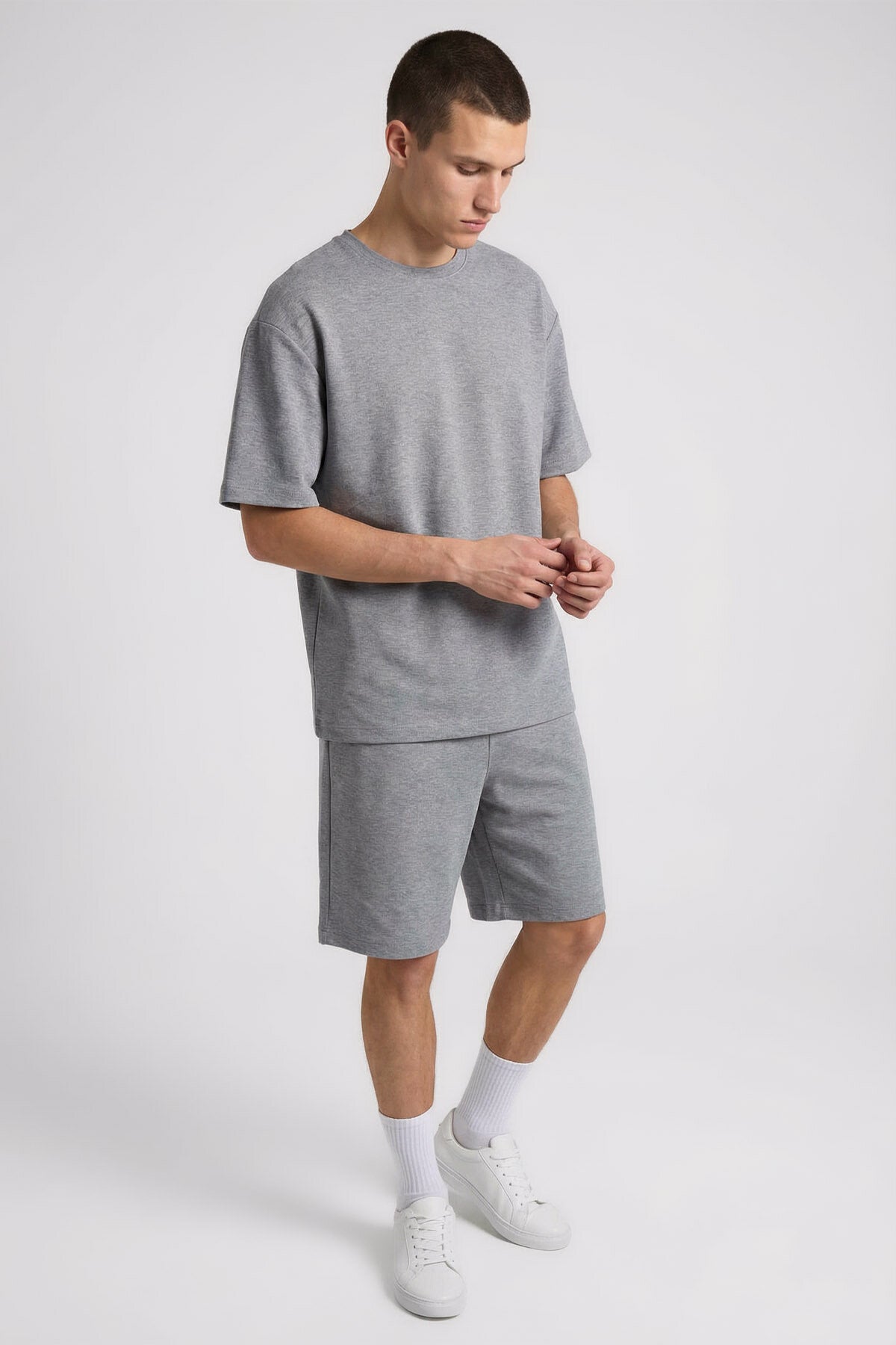 Image of Grey Melange Oversize Fit Basic Men's Shorts Set - 85292
