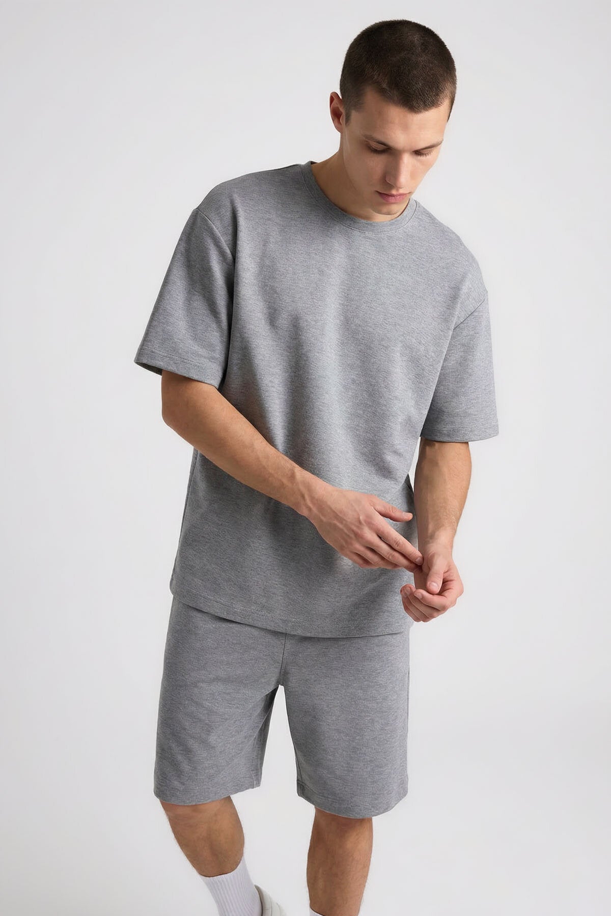 Image of Gri Melanj Oversize Fit Basic Erkek Şort Takım - 85292