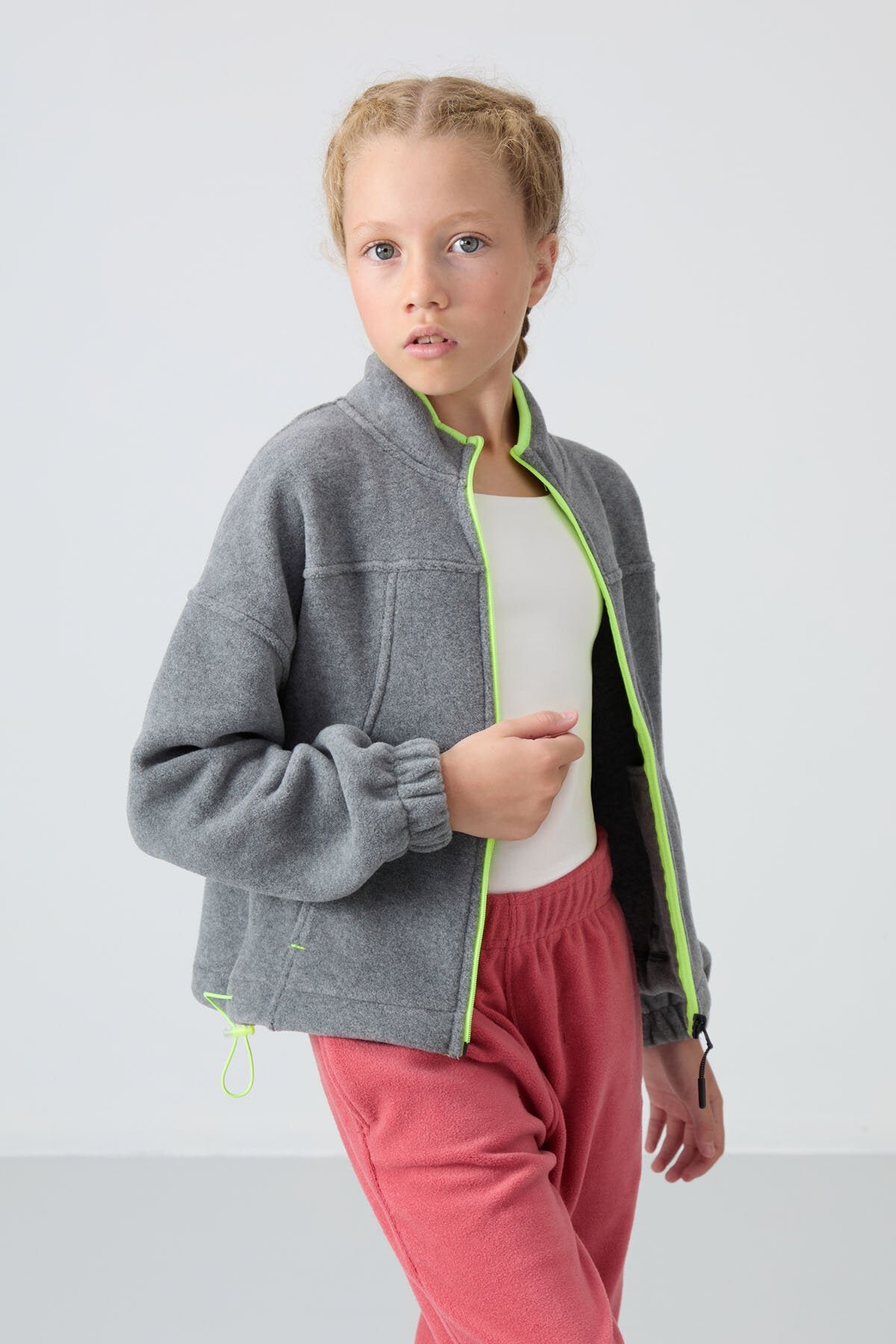 Image of Gri Melanj Kalın Yumuşak Dokulu Standart Fit Nakışlı Polar Kız Çocuk Sweatshirt - 75157