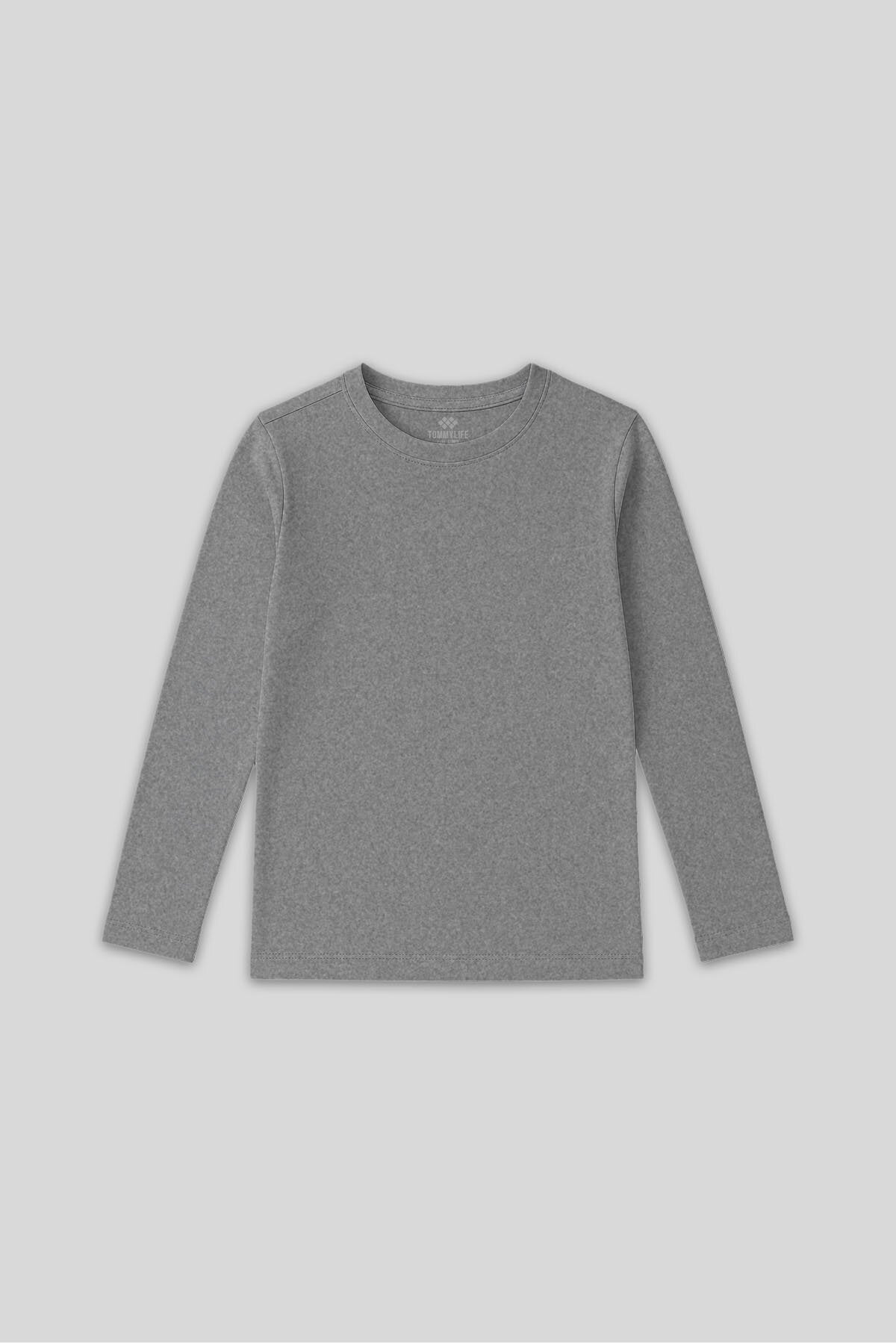 Image of Tricou unisex pentru copii, gri melanj, cu guler rotund, croială standard, mânecă lungă - 11329