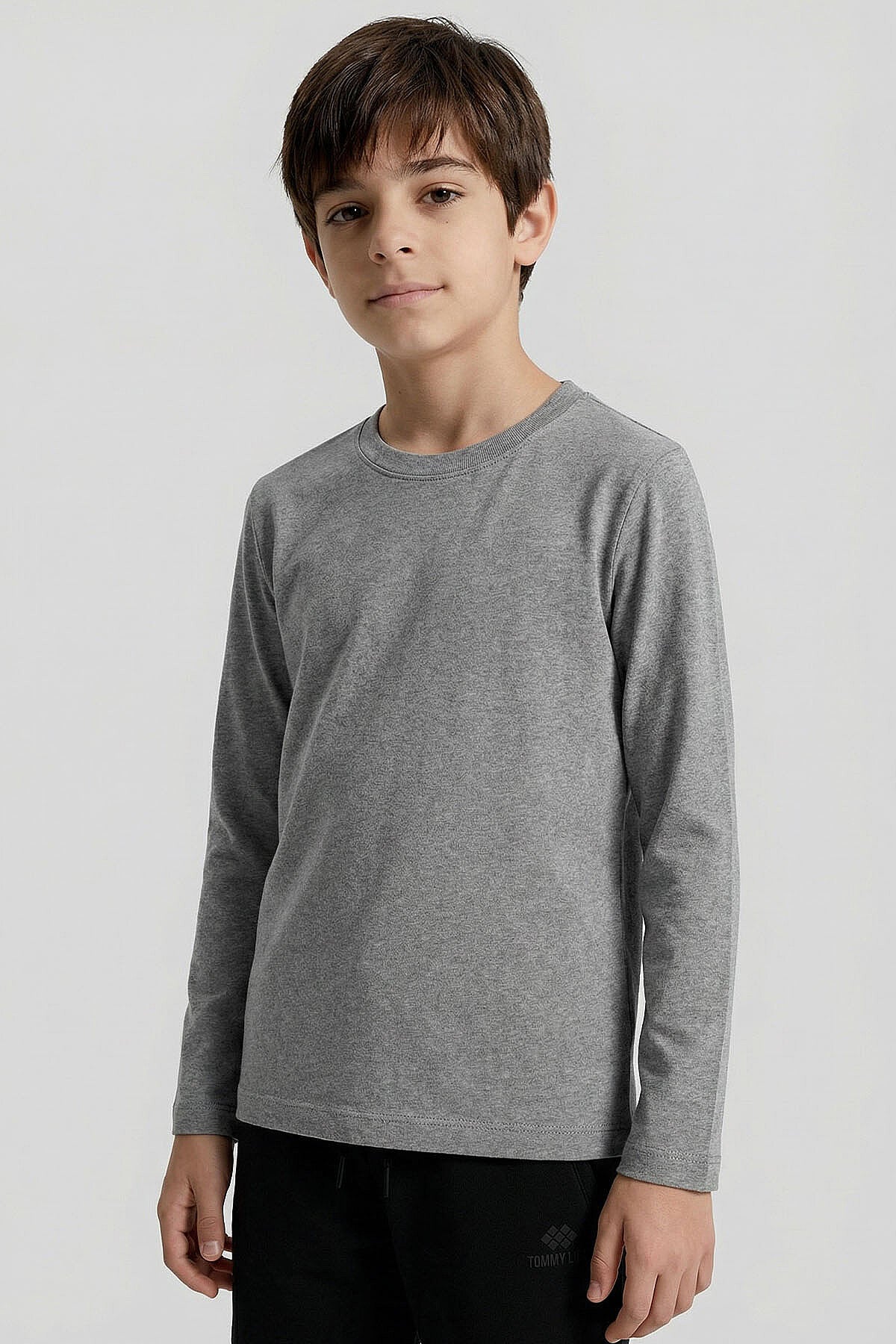 Image of Gri Melanj O Yaka Standart Fit Basic Uzun Kollu Unisex Çocuk T-Shirt - 11329