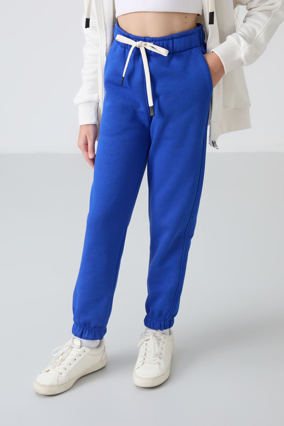 Image of Pantaloni de trening pentru fete, albastru noapte, din bumbac, căptușeală pufoasă, textură moale, croială standard, brodați - 75158