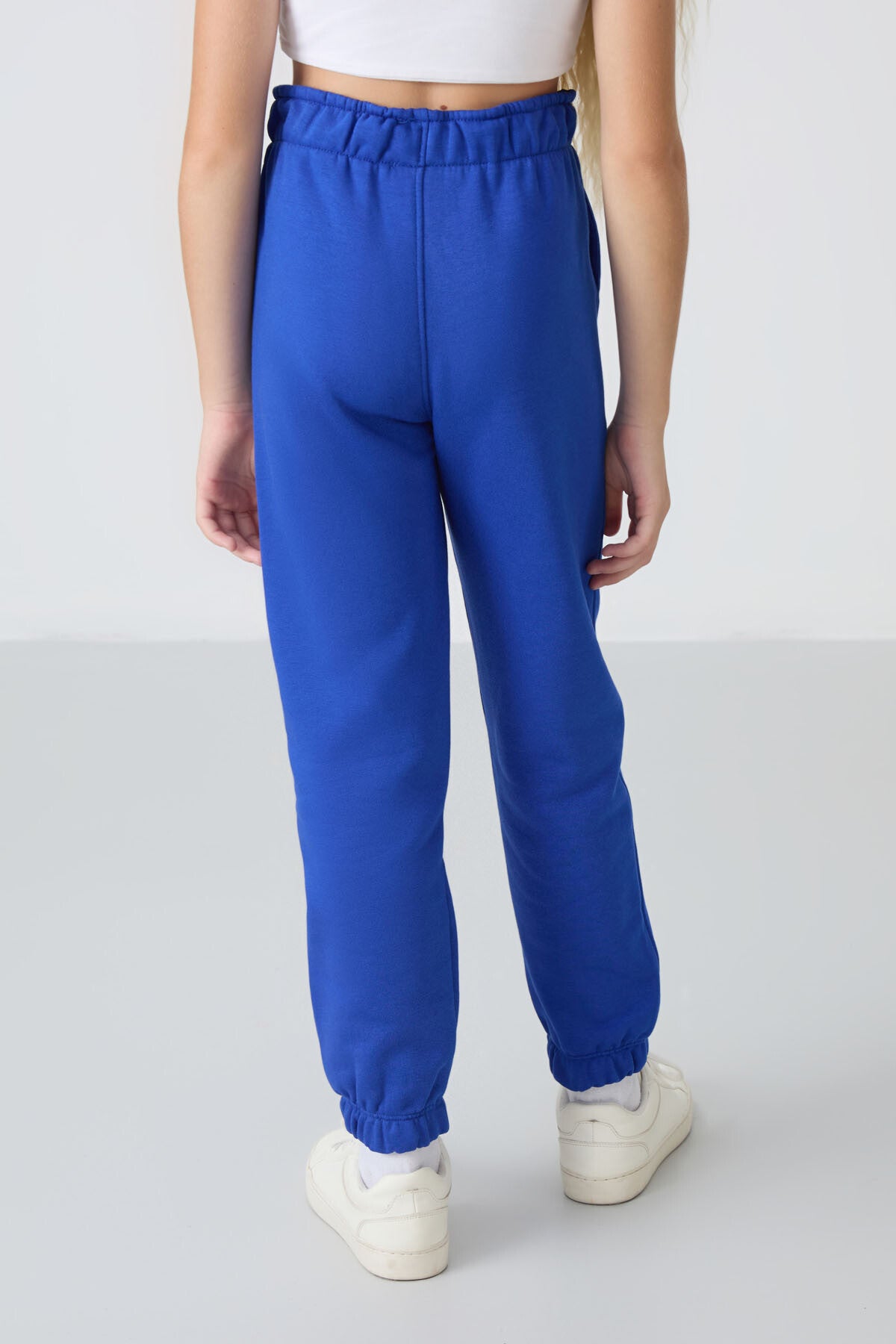 Image of Pantaloni de trening pentru fete, albastru noapte, din bumbac, căptușeală pufoasă, textură moale, croială standard, brodați - 75158